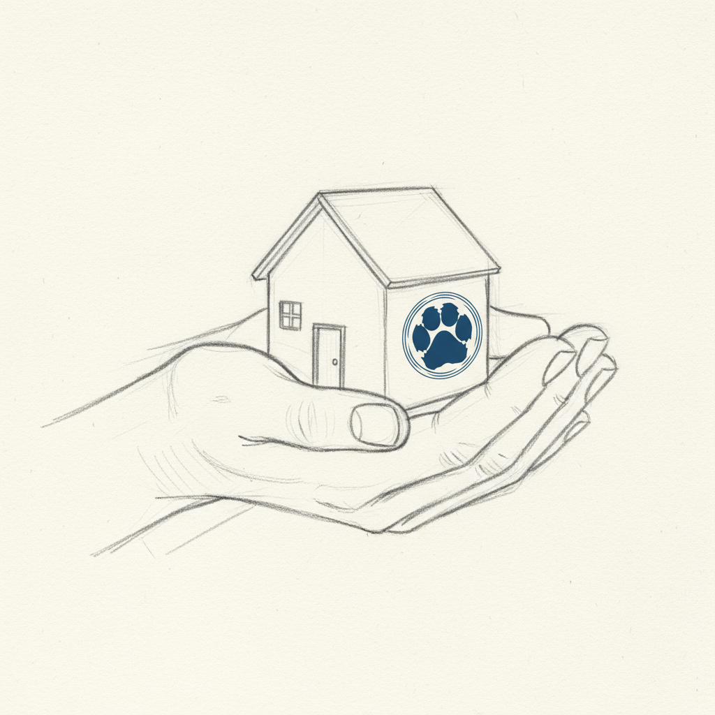 A hand holding a small house sketch with a paw print logo on the side.