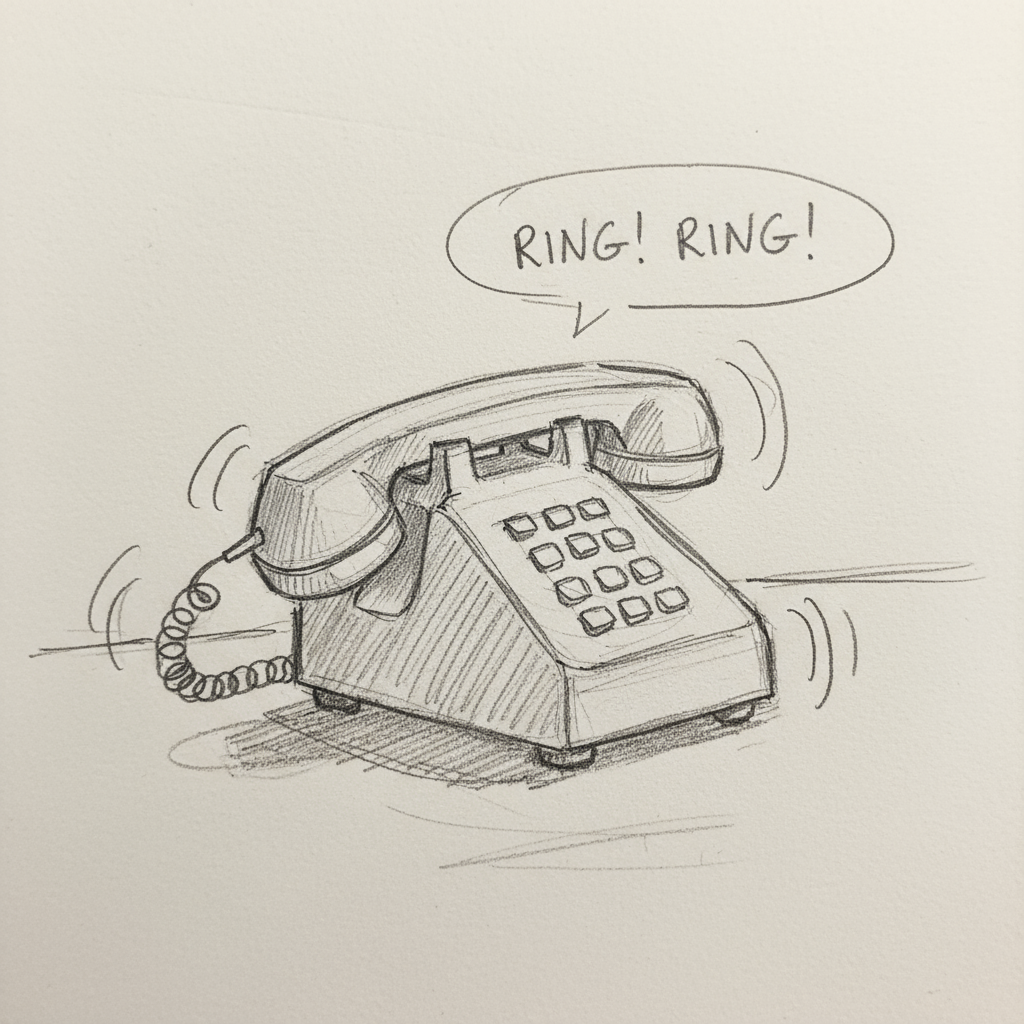 Sketch of a vintage landline telephone with a rotary dial, handset, and cord, with a speech bubble saying 'RING! RING!'.