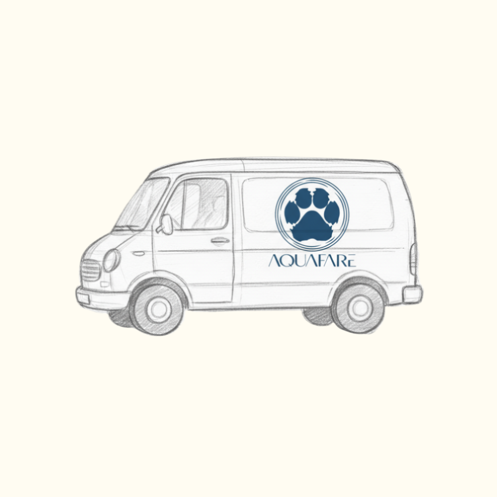 A sketched illustration of a van with a logo of a paw print inside a circle and the word 'AQUAFARE' on the side.