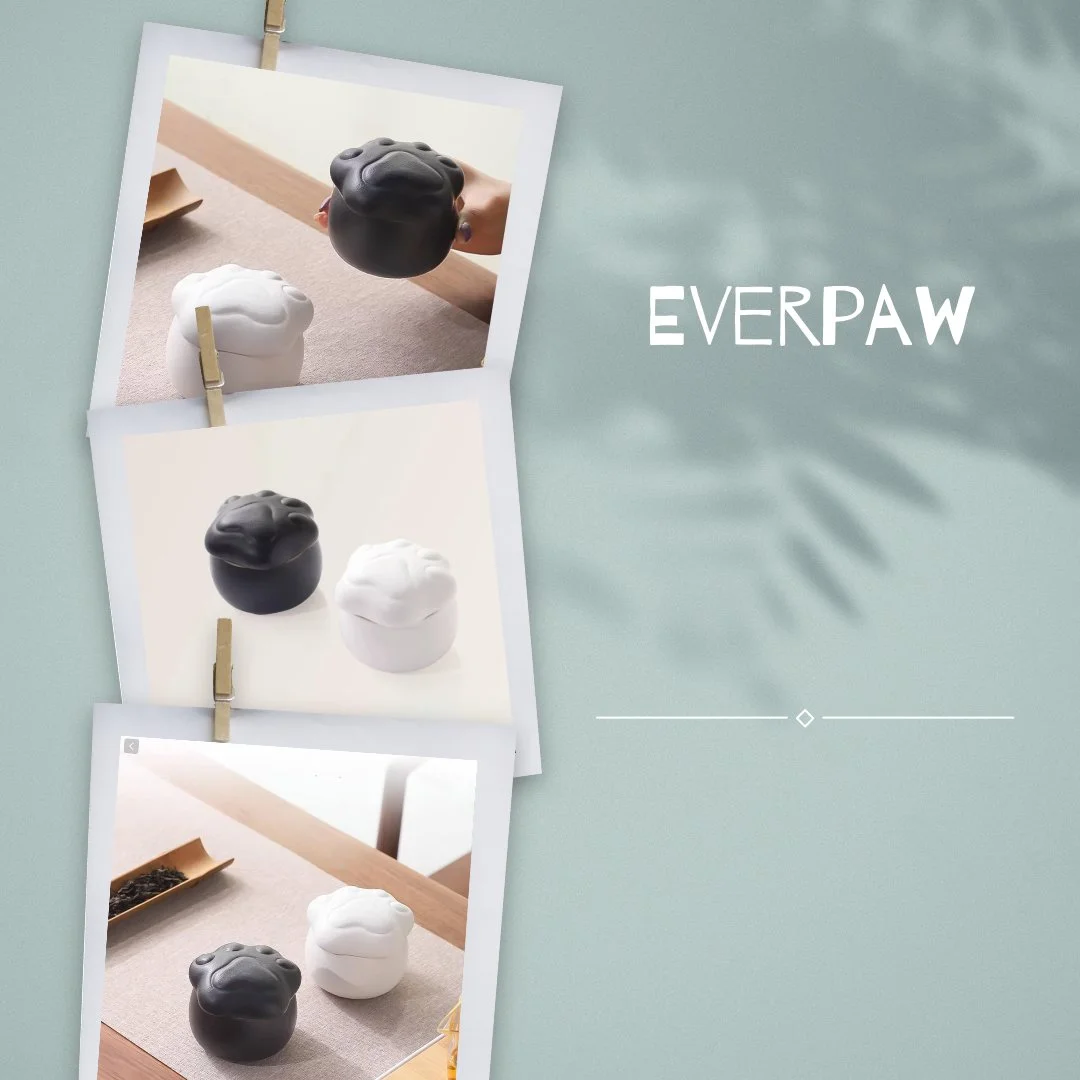 Photo collage of black and white dog-shaped containers, used for storage or decor. The collage includes three images showing the containers from different angles.