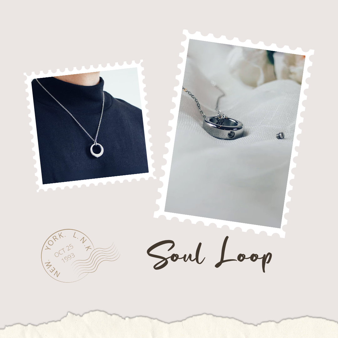 A collage of two photos featuring jewelry: a necklace with a silver circle pendant worn by a person in a black turtleneck, and a silver locket necklace resting on white fabric. The collage includes vintage-style text and a postmark with the date Octo