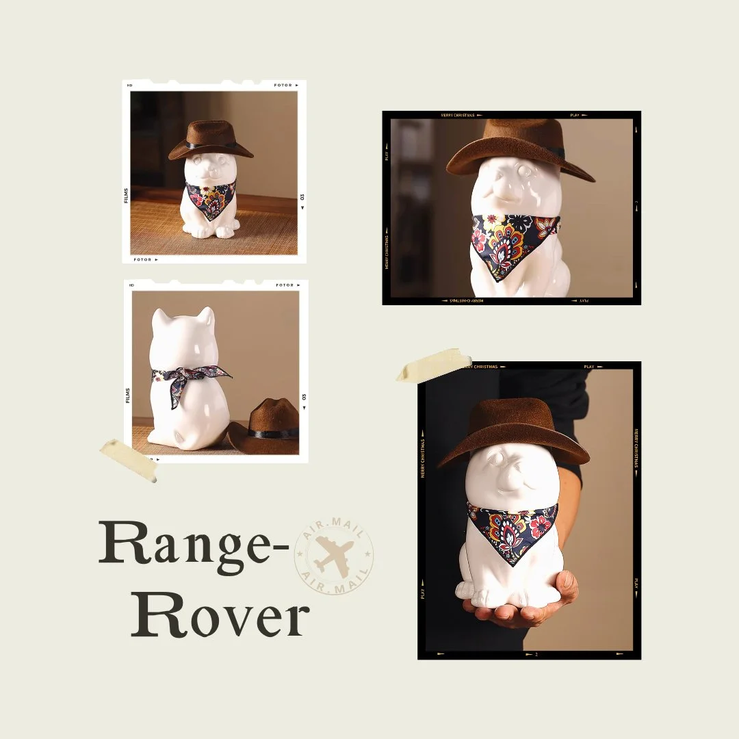 Decorative cow figurine wearing a brown hat and a colorful bandana, displayed in various photos on a light background with the text 'Range Rover' and a small airplane icon.