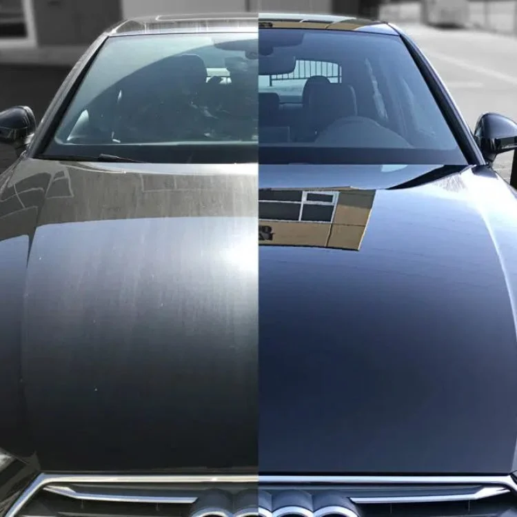 A car split vertically into two halves showing different paint conditions, with the left side dull and scratched, and the right side shiny and polished with a ceramic coating applied.