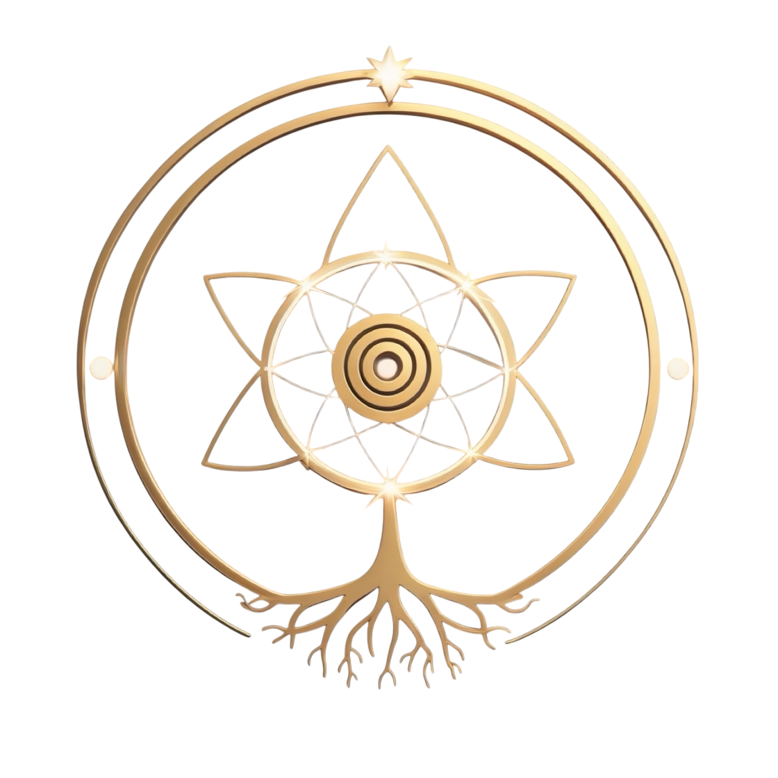Gold-colored compass with a tree design and a flower in the center, overlaid on a background of red, yellow, and black geometric shapes.