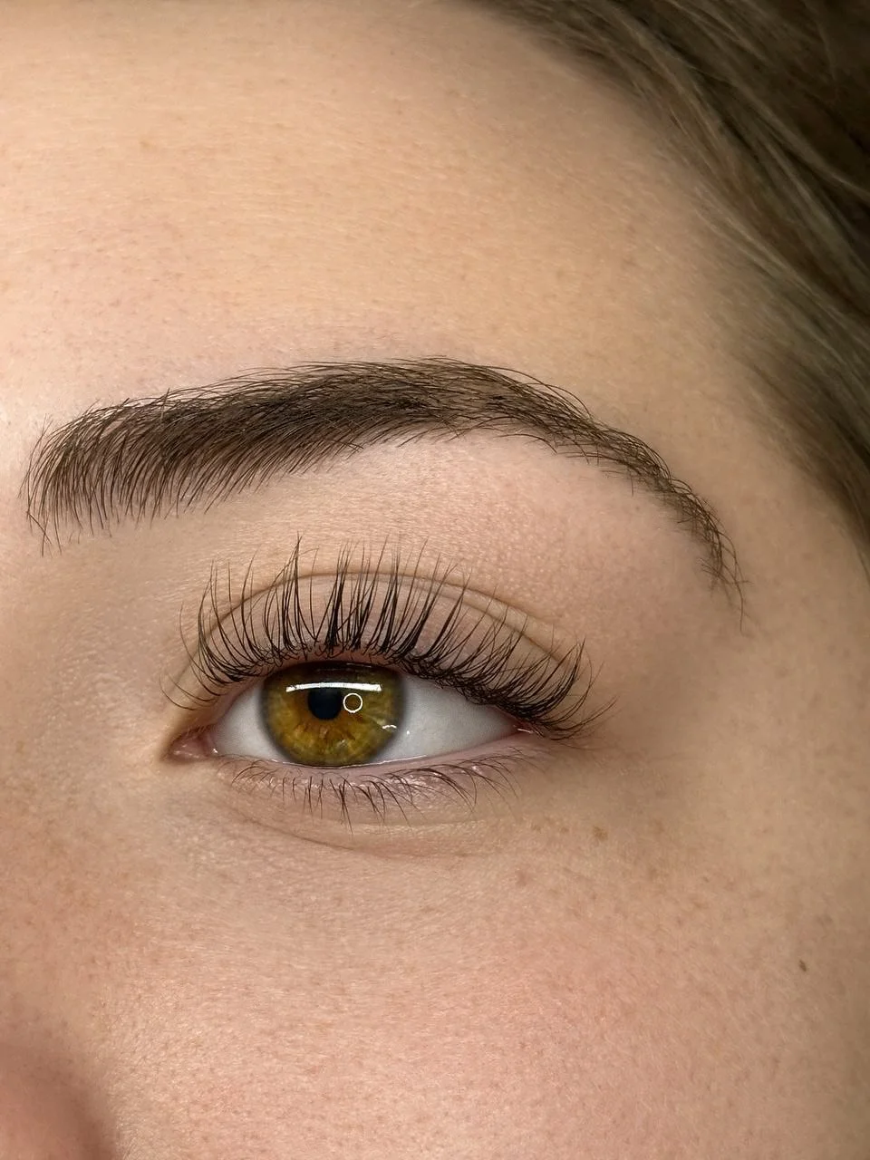 Close-up of a person’s eye with long eyelashes, brown iris, and well-groomed eyebrow.