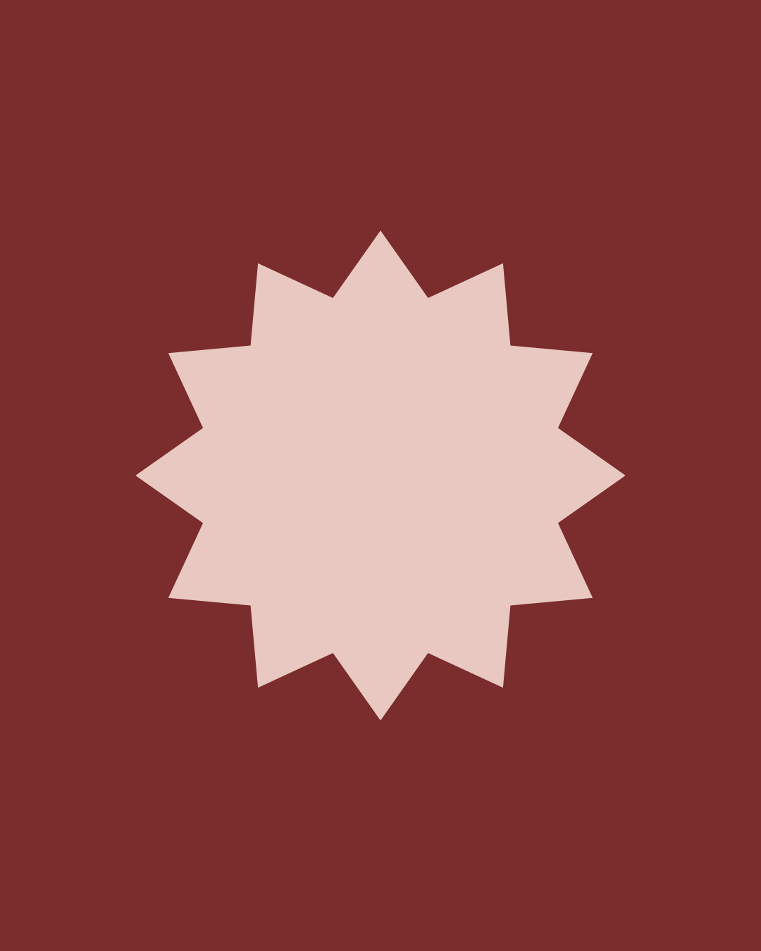 A minimalist graphic with a spiky, light pink shape resembling a starburst on a dark red background.