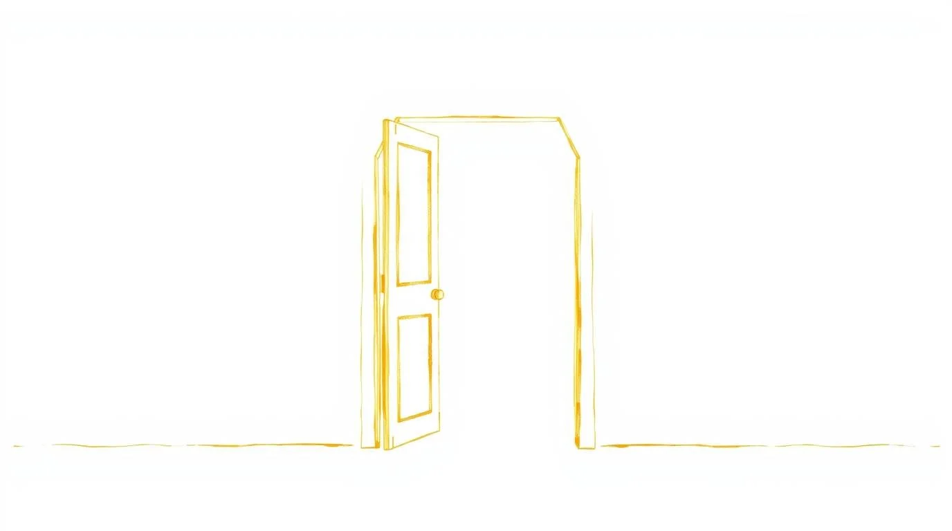 A minimalist illustration of a golden open doorway on a pure white background, rendered in simple gold line art, hand-drawn sketch, color sketchnote style, low visibility, thick fog.jpg