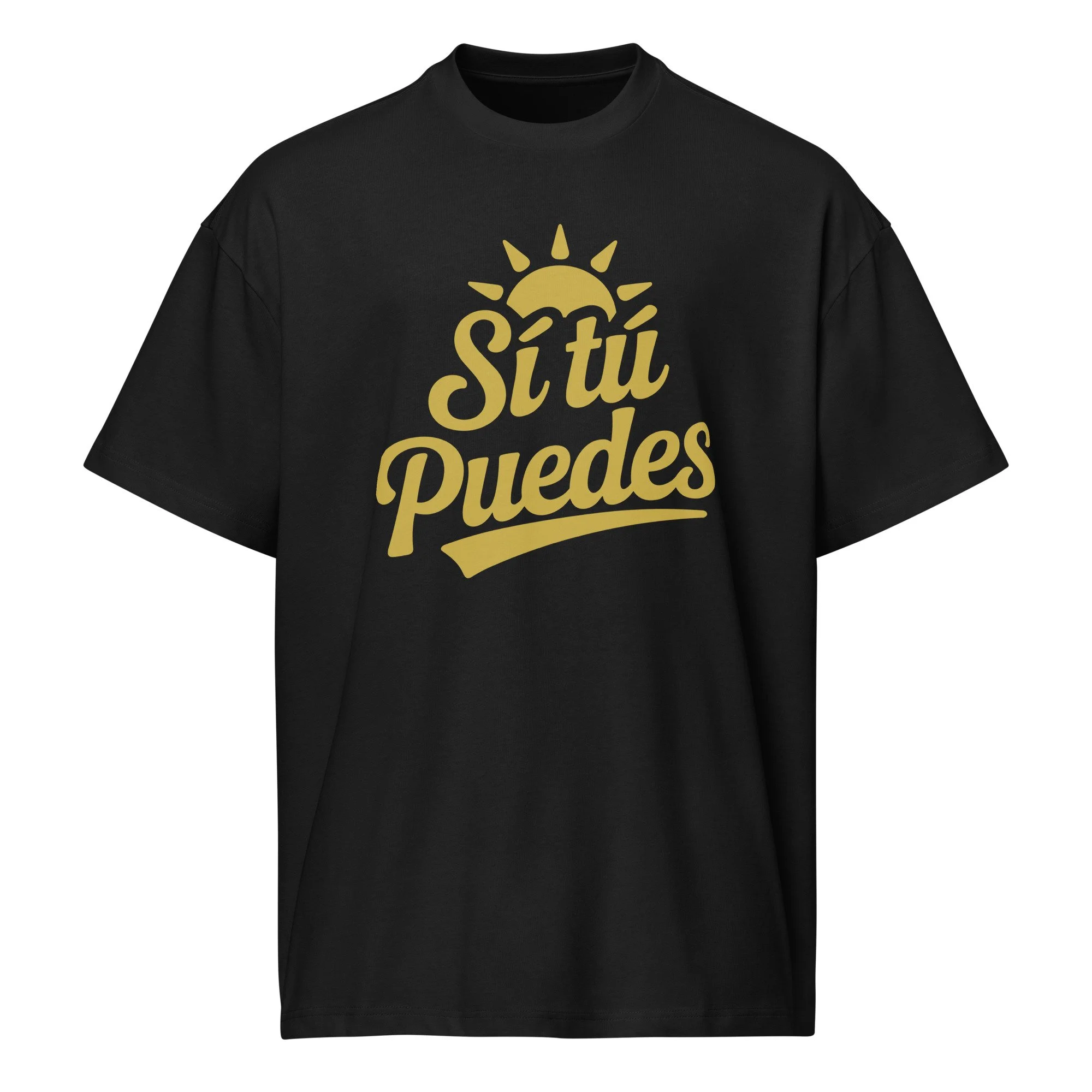 Black T-shirt with yellow text and sun graphic that reads 'Sí tú puedes'.