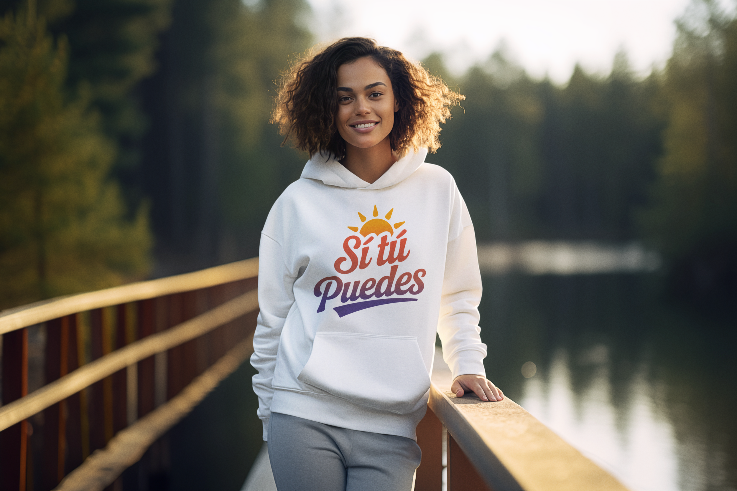 A young woman standing on a bridge by a lake during sunset, wearing a white hoodie with the Spanish phrase 'Sí tú puedes' and a sun graphic.