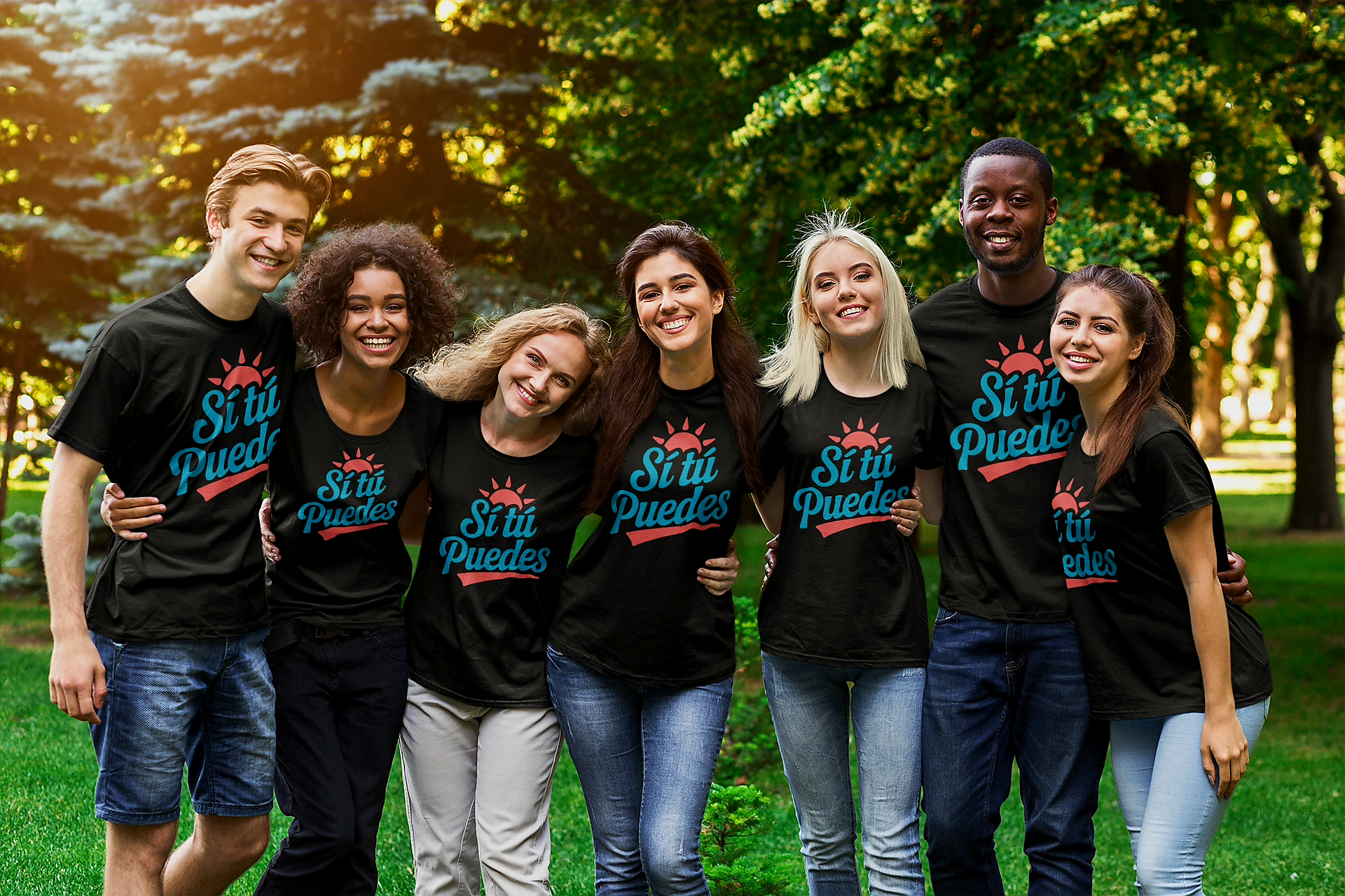 Group of seven diverse young adults standing outdoors on grass, wearing matching black T-shirts with the words 'Sí tú Puedes' and a sun graphic, smiling and posing together.