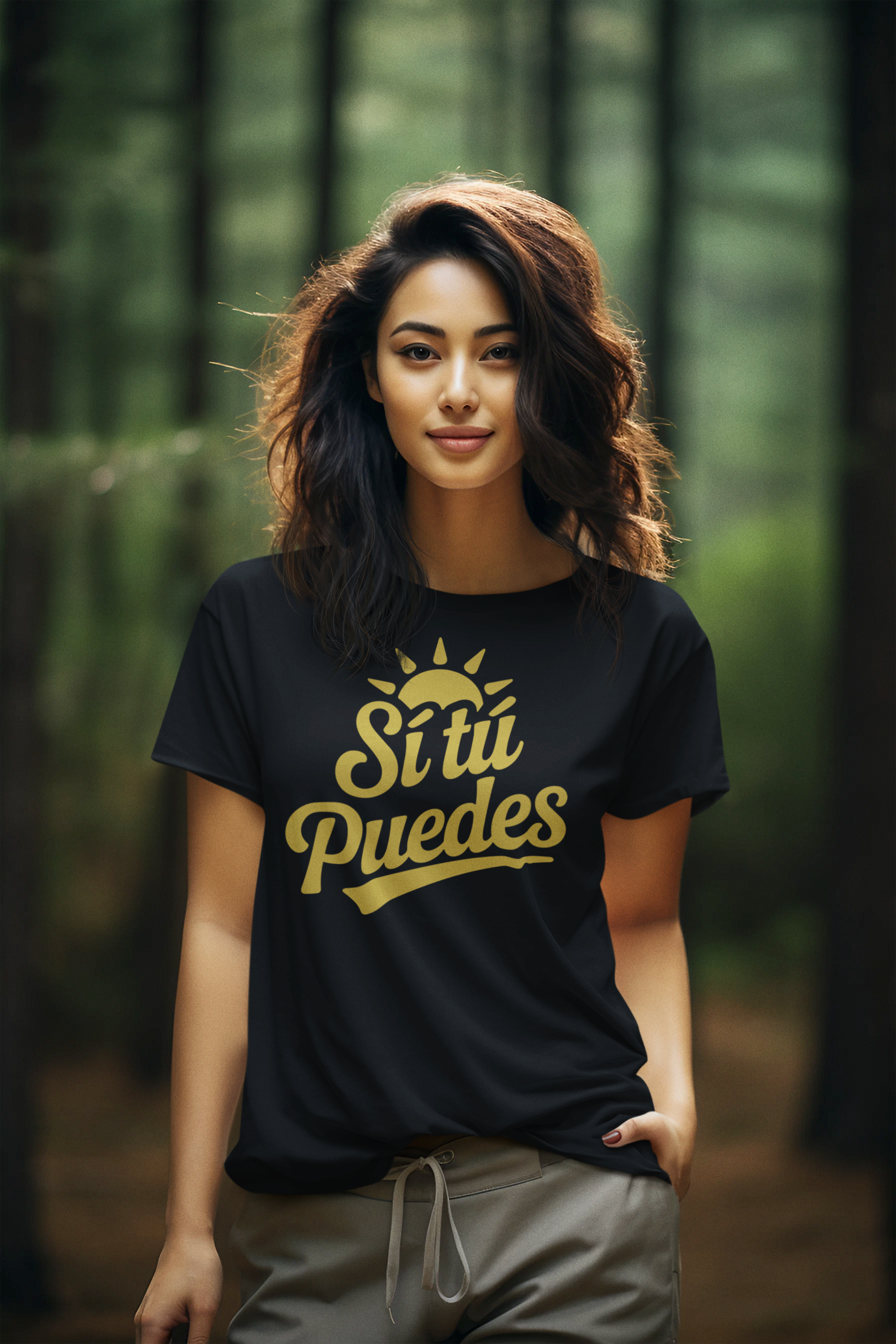 A young woman with wavy dark hair and light skin stands outdoors in a forest, wearing a black t-shirt with gold lettering that says 'Sí tú Puedes' and khaki pants.