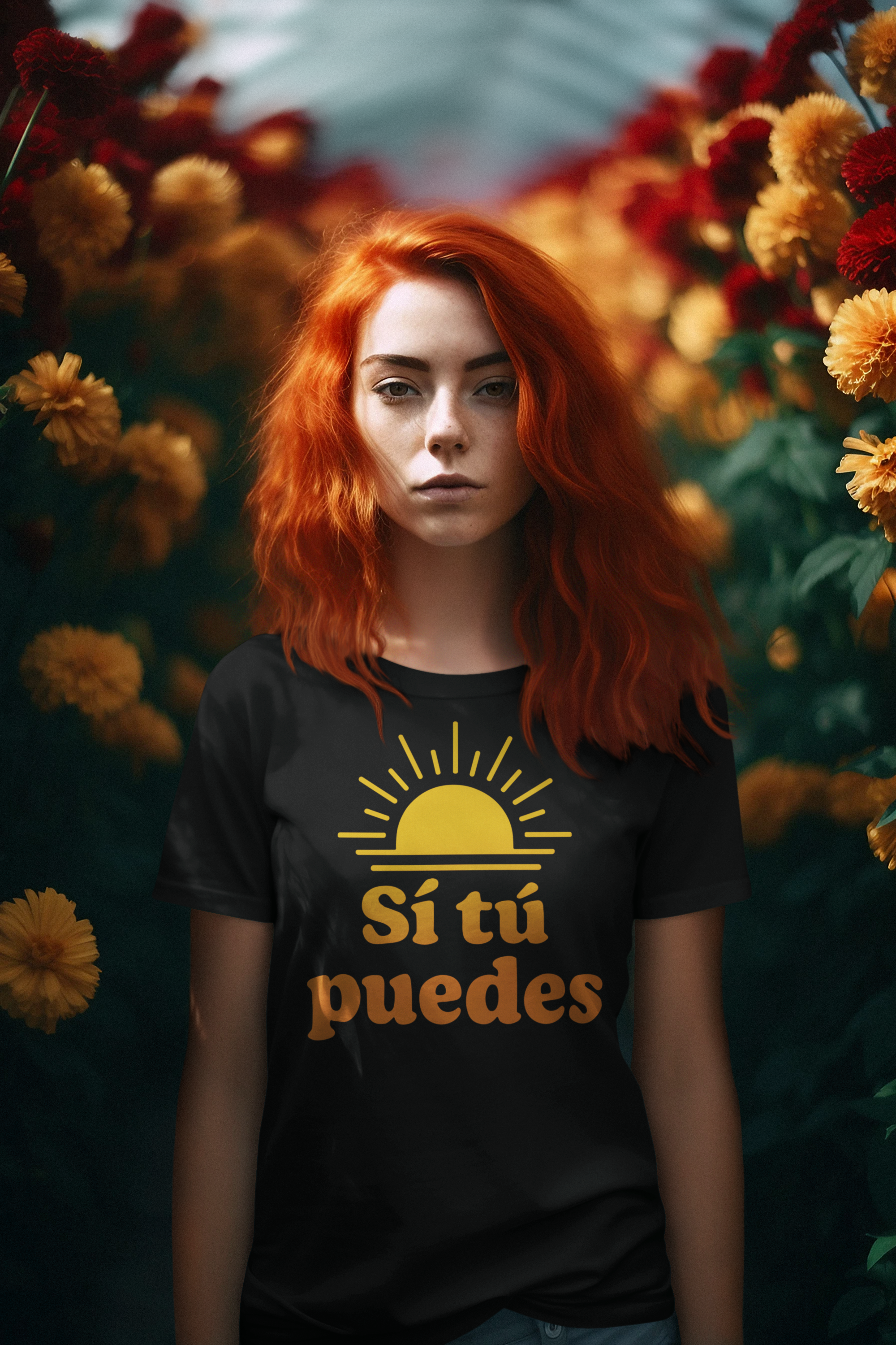 A young woman with long, wavy red hair standing among yellow and orange flowers outdoors, wearing a black T-shirt with a yellow sun and the phrase 'Sí tú puedes' in bold orange letters.