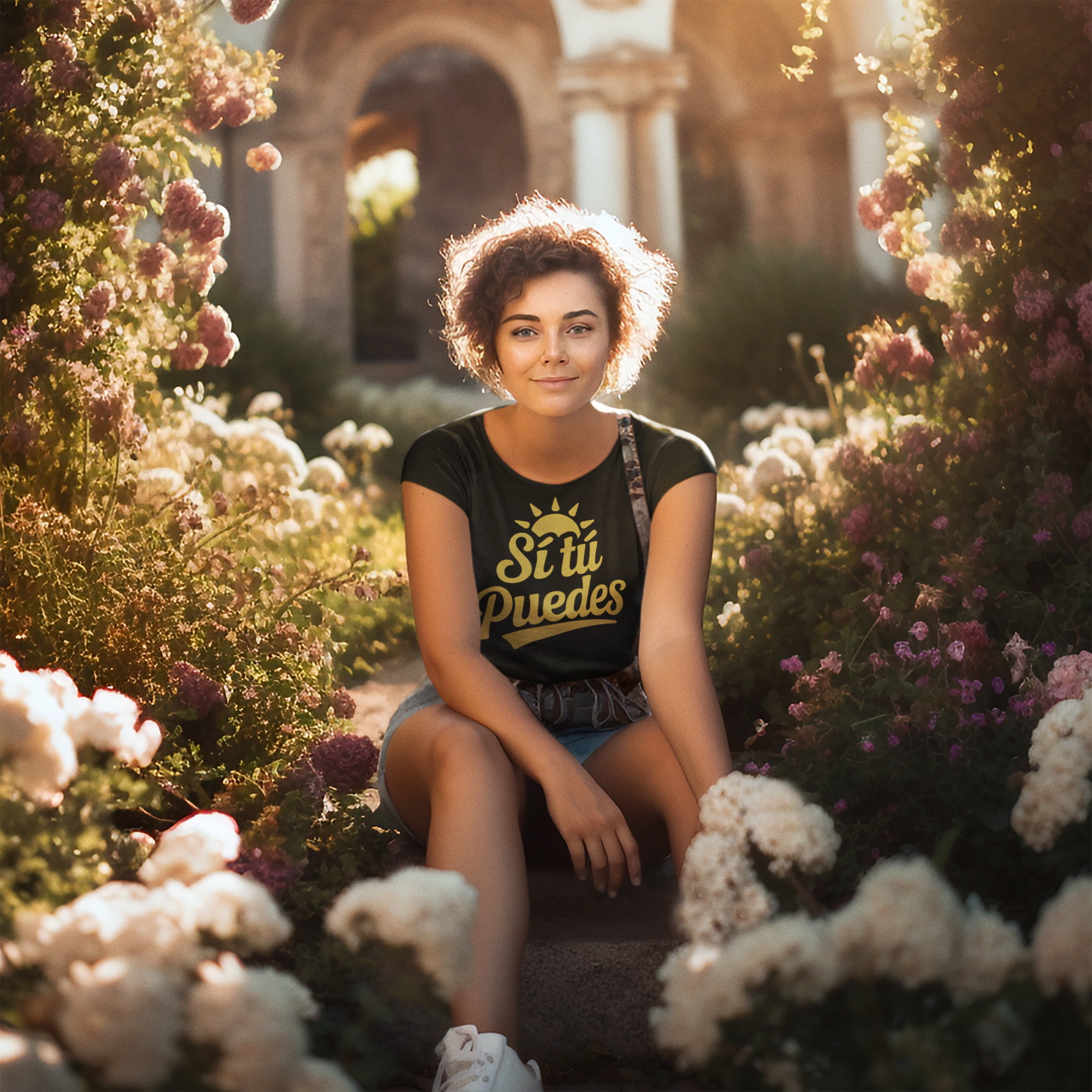 A young woman with curly hair sitting on a stone pathway surrounded by colorful blooming flowers in a garden during golden hour. She is wearing a black T-shirt with the words "Si tú Puedes" and denim shorts, smiling softly at the camera.
