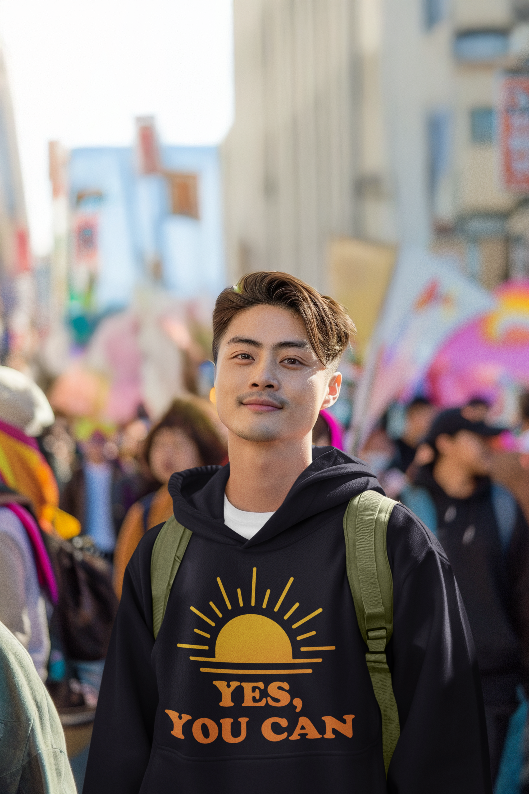 Young man with short hair and a mustache smiling outdoors, wearing a black hoodie with a yellow sun rising graphic and the text 'YES, YOU CAN', and carrying a green backpack, in a crowd of people with colorful flags and banners.