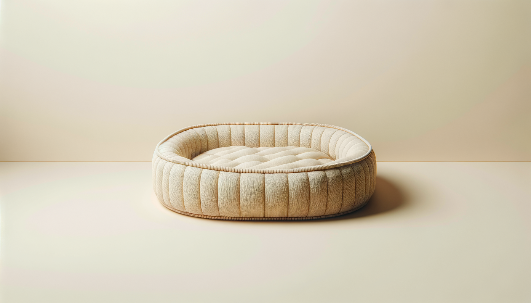 A round, cream-colored upholstered pet bed with a tufted cushion in the center, set against a plain light beige background.