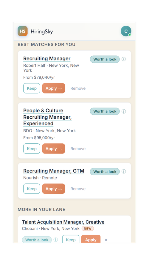 HiringSky job matches with fit scores