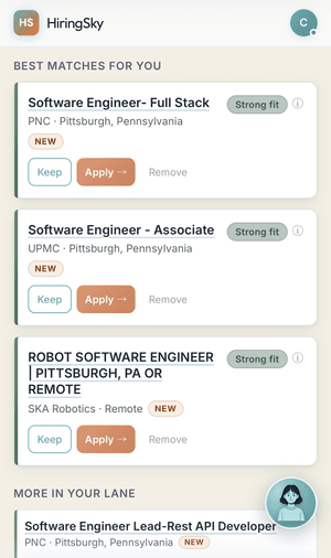HiringSky job matches with fit scores