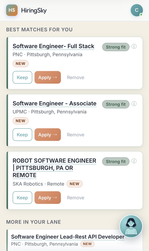 HiringSky job matches with fit scores