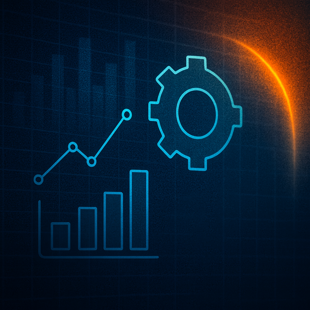 Digital illustration of a rising bar graph with a line chart overlay and a gear icon, representing growth and settings or process automation, with a glowing orange arc on the top right.