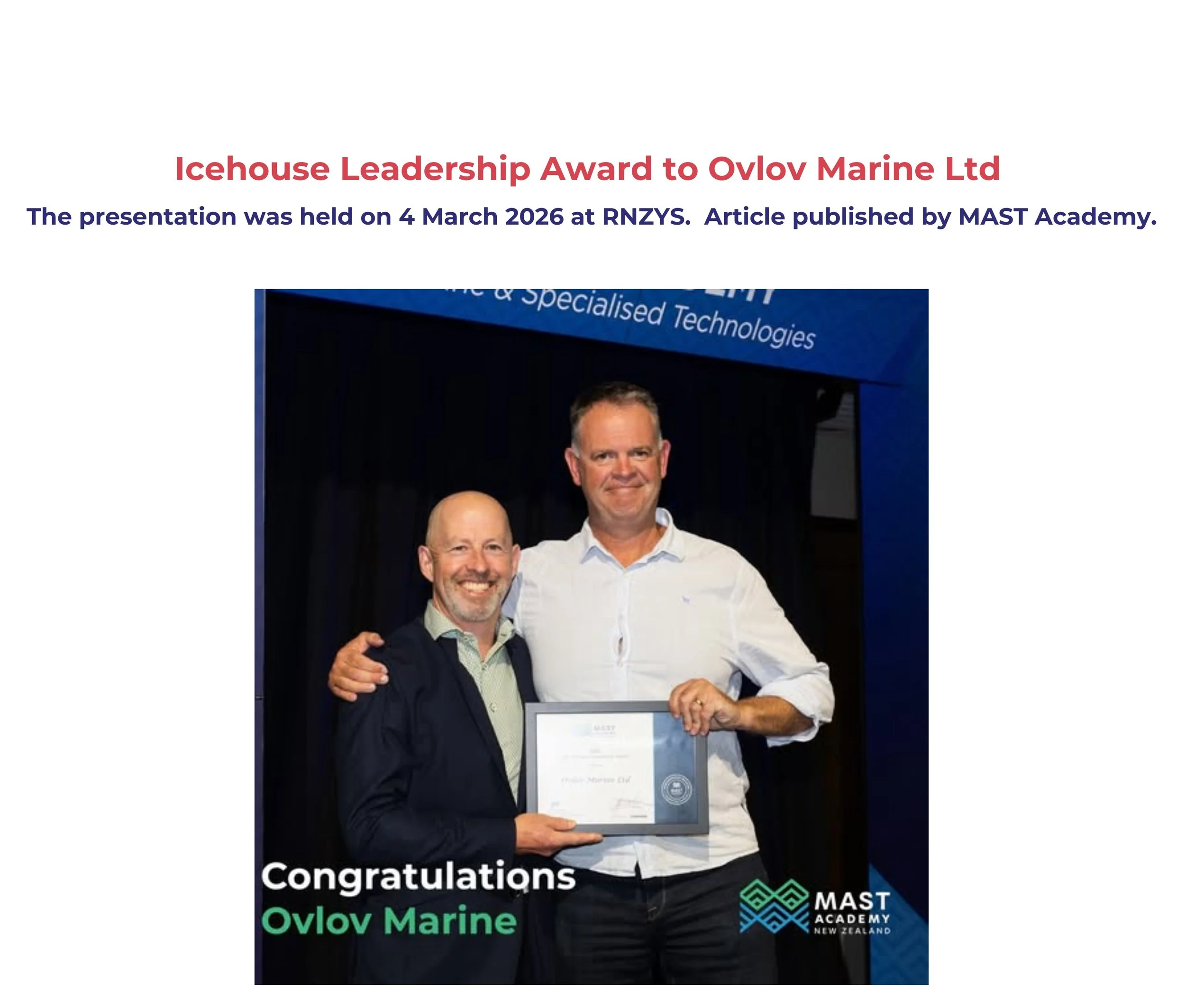 Icehouse Leadership Award to Ovlov Marine Ltd