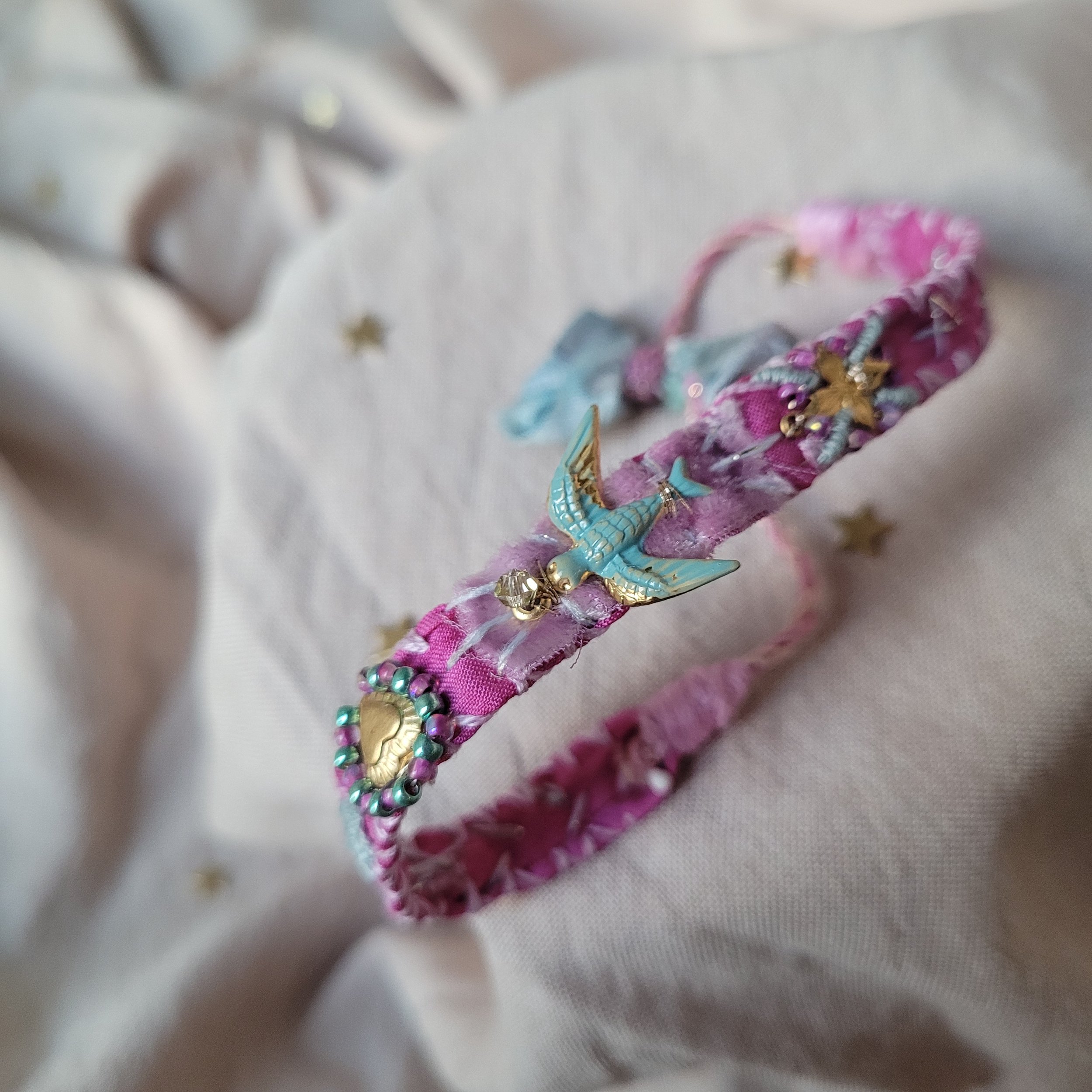 "Fly Towards Love" in bright pink - Embroidered Silk Bracelet
