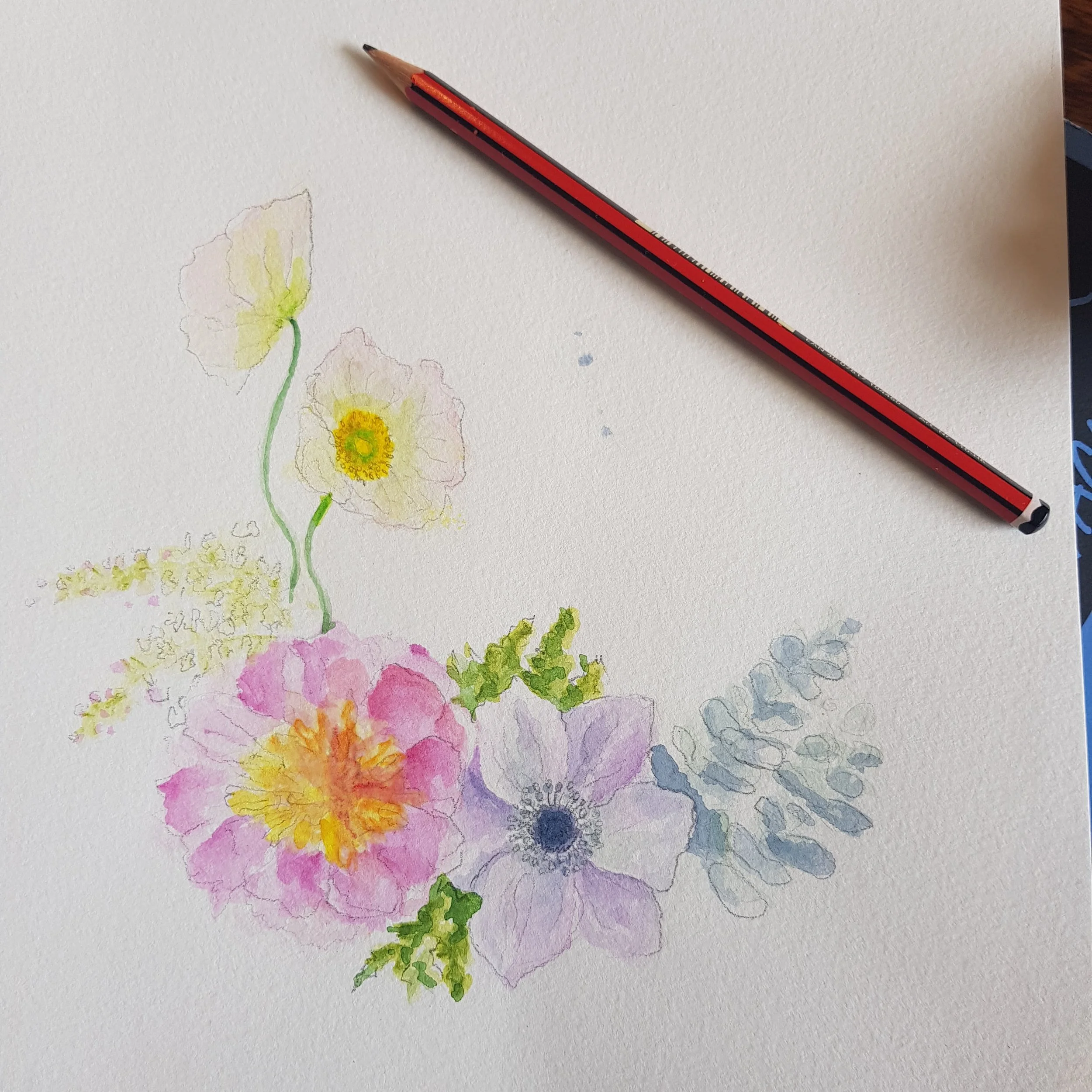 Watercolor painting of colorful flowers, including pink, purple, yellow, and green leaves, on white paper with a red colored pencil.