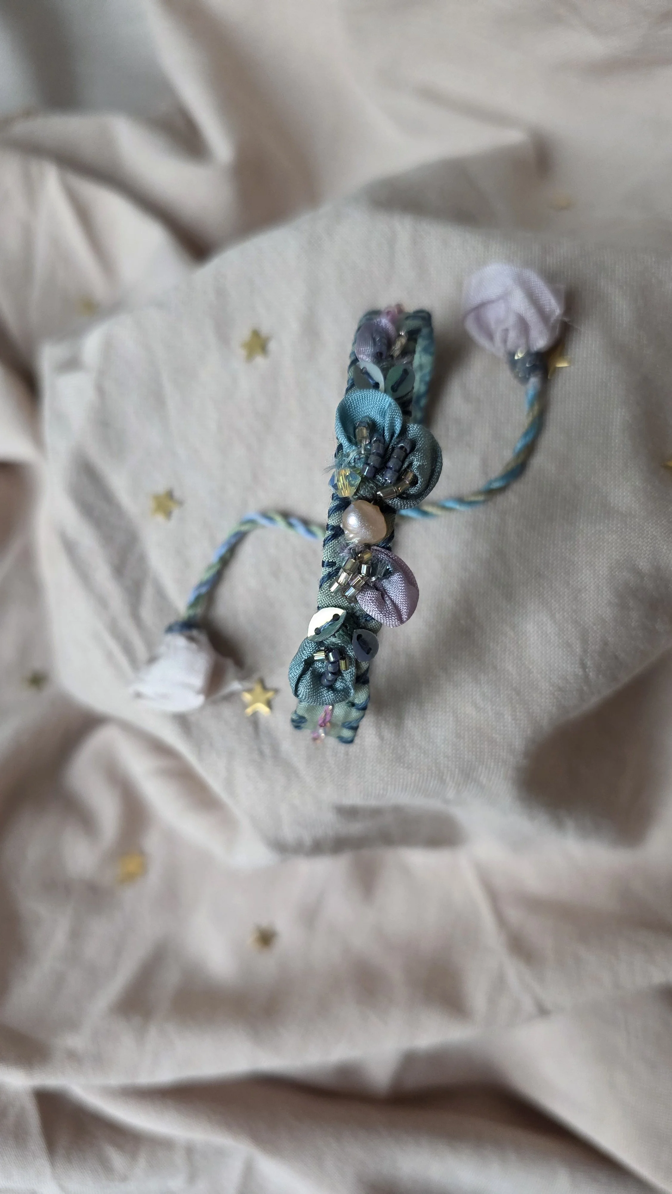 "I Burn for You" in grey blue - Embroidered Silk Bracelet