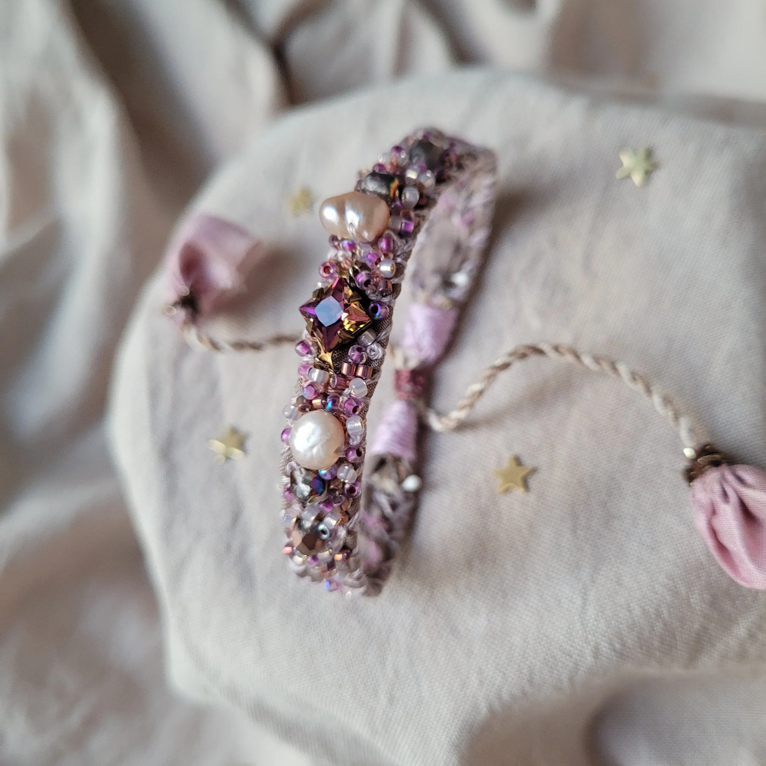 "You are Made of Stardust" in deep purple/taupe - Embroidered Silk Bracelet