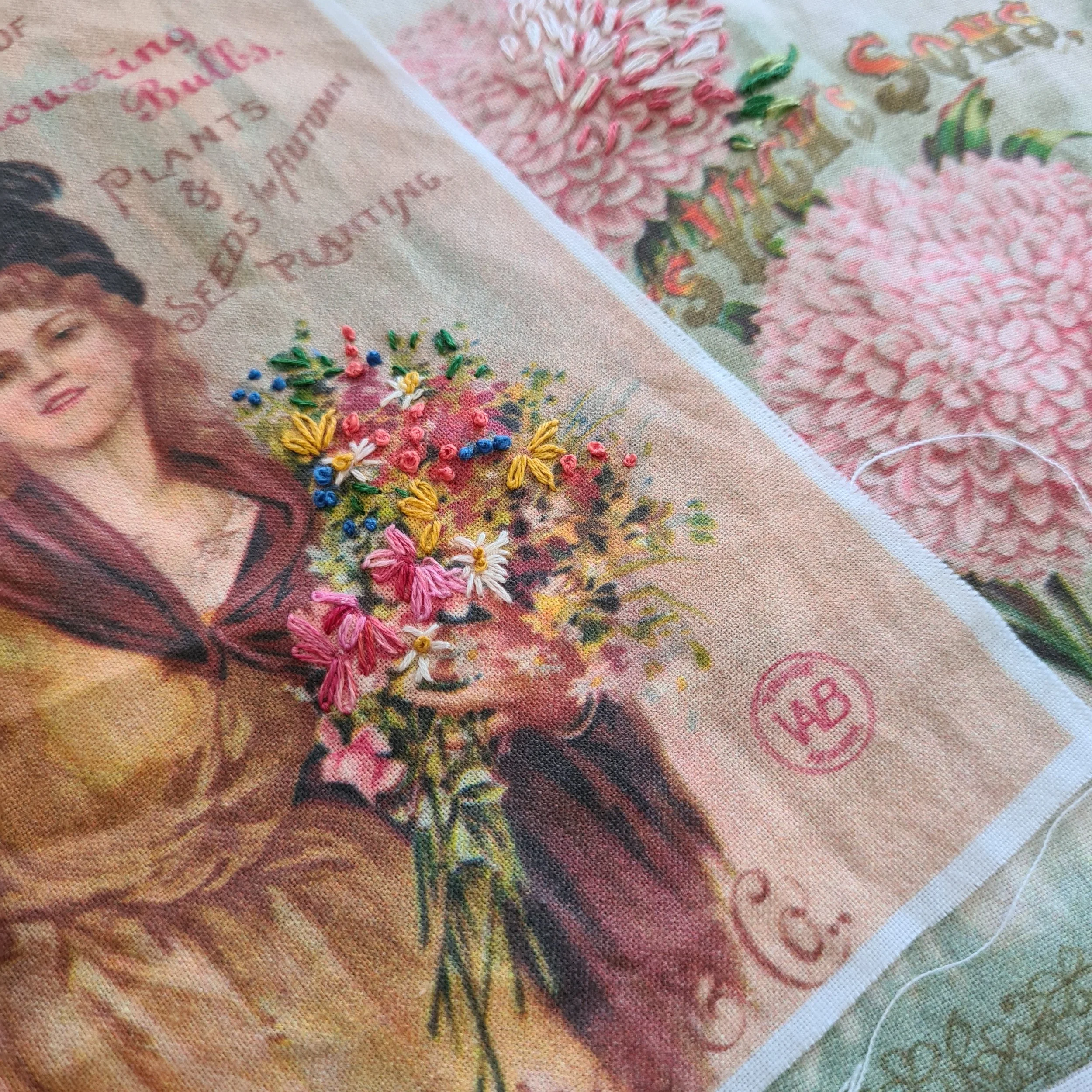Embroidered bouquet of flowers on vintage seed label