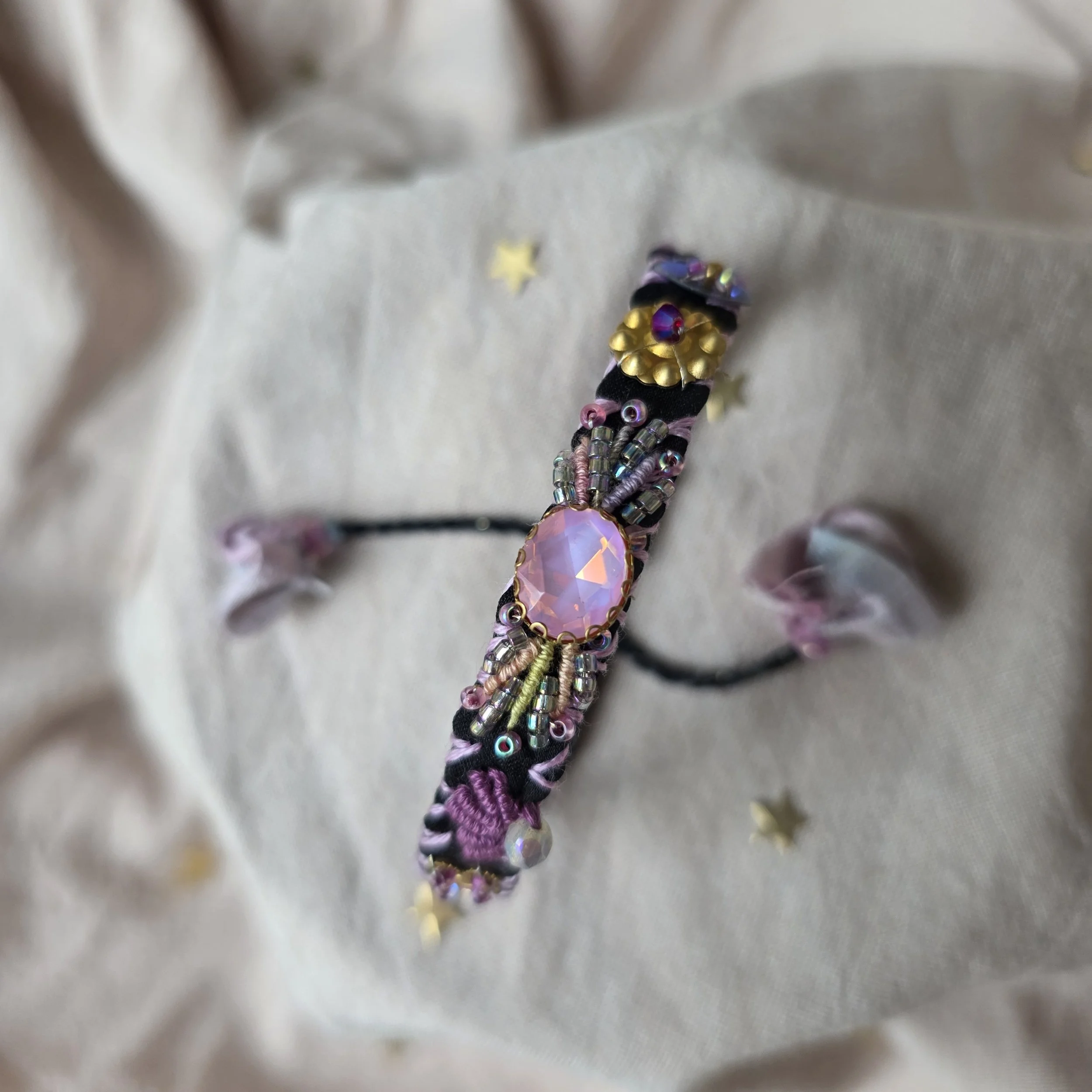 "Siren Song" in black with pink stone - Embroidered Silk Bracelet