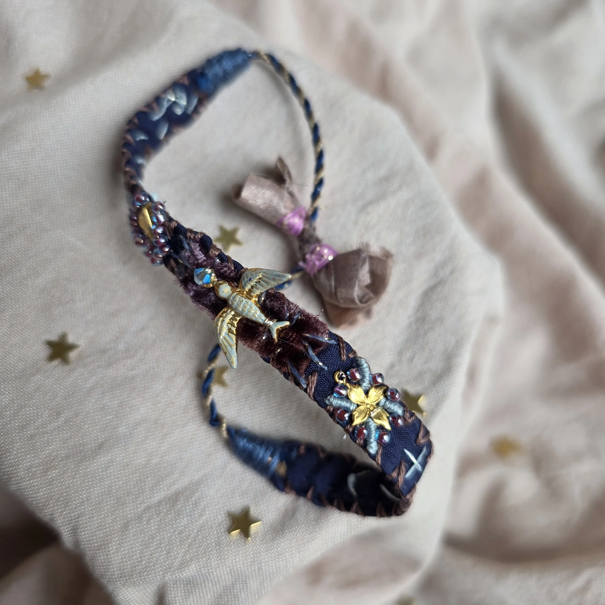 "Fly Towards Love" in navy - Embroidered Silk Bracelet