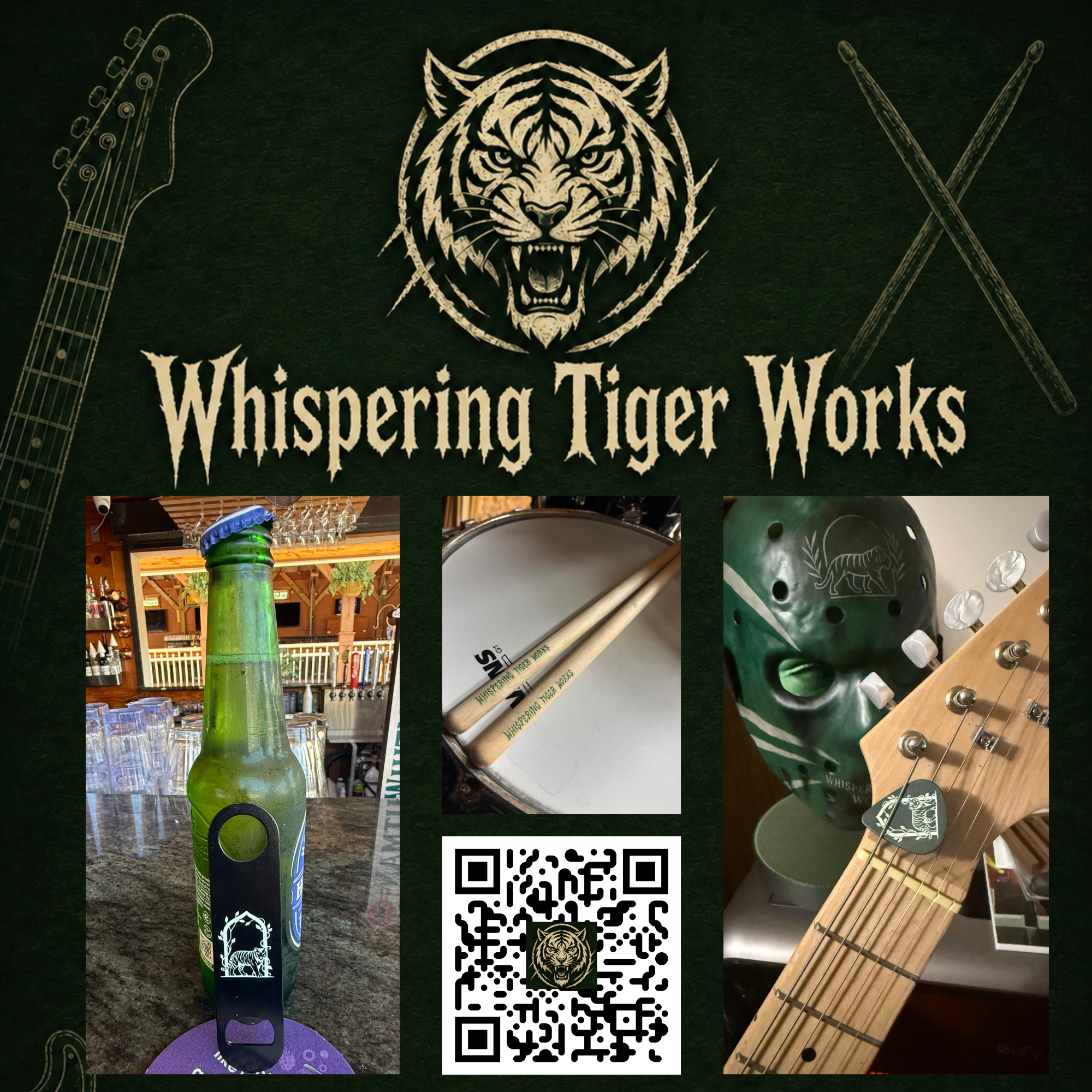 Various musical instruments and items related to Whispering Tiger Works, including a guitar headstock, hand drums, chimes, and a QR code with a tiger logo.