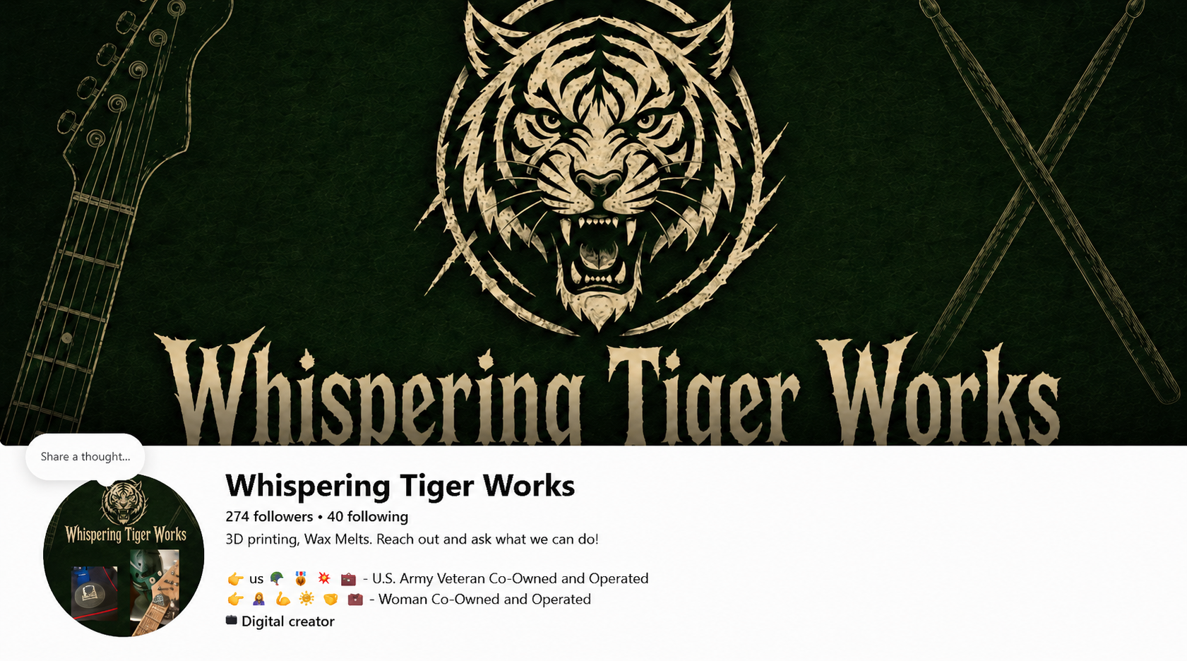Social media header for Whispering Tiger Works, featuring a central tiger face logo with a green textured background and gold outline illustrations of a guitar and drumsticks. The text reads 'Whispering Tiger Works'.