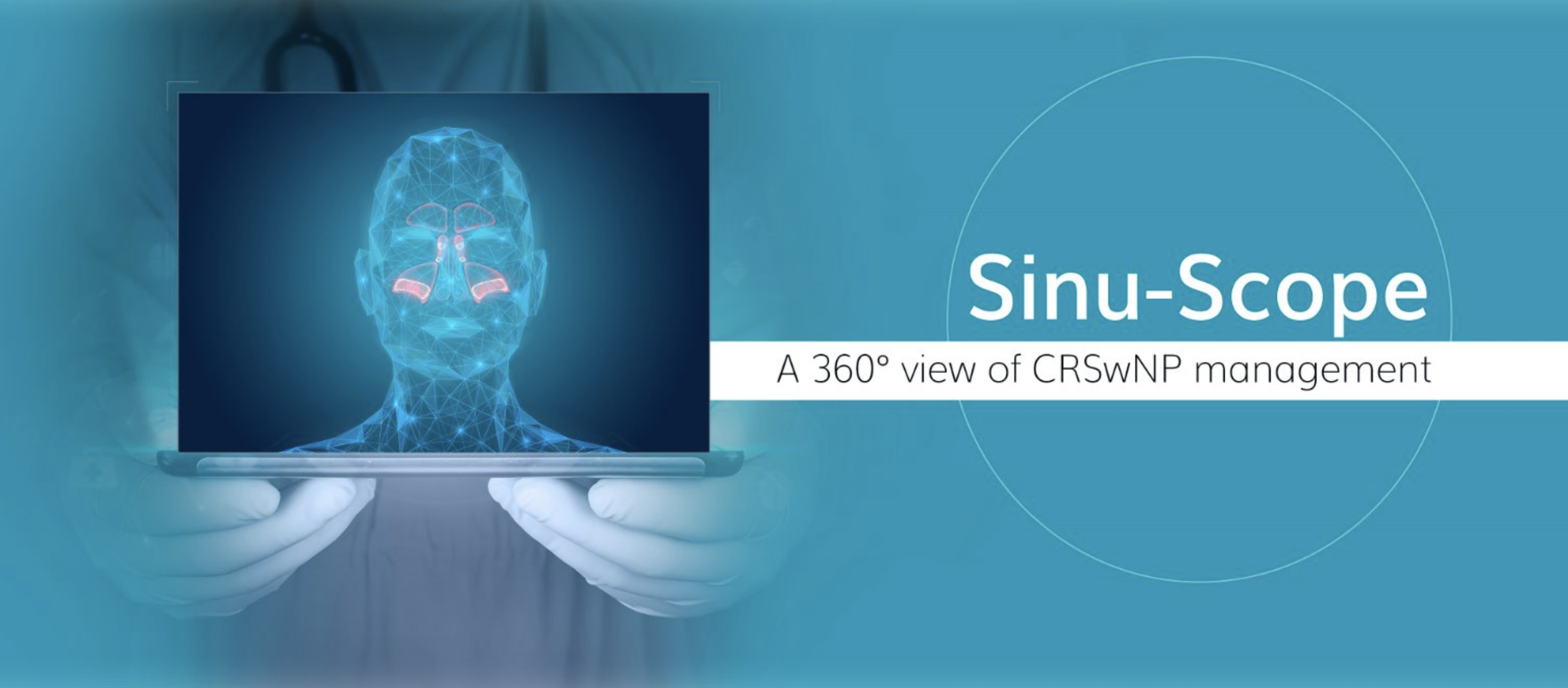 Digital illustration of a human face with a glowing, geometric design displayed on a smartphone held by a person with gloved hands. The background is blue, and there is text reading 'Sinu-Scope: A 360° view of CRSwNP management'.