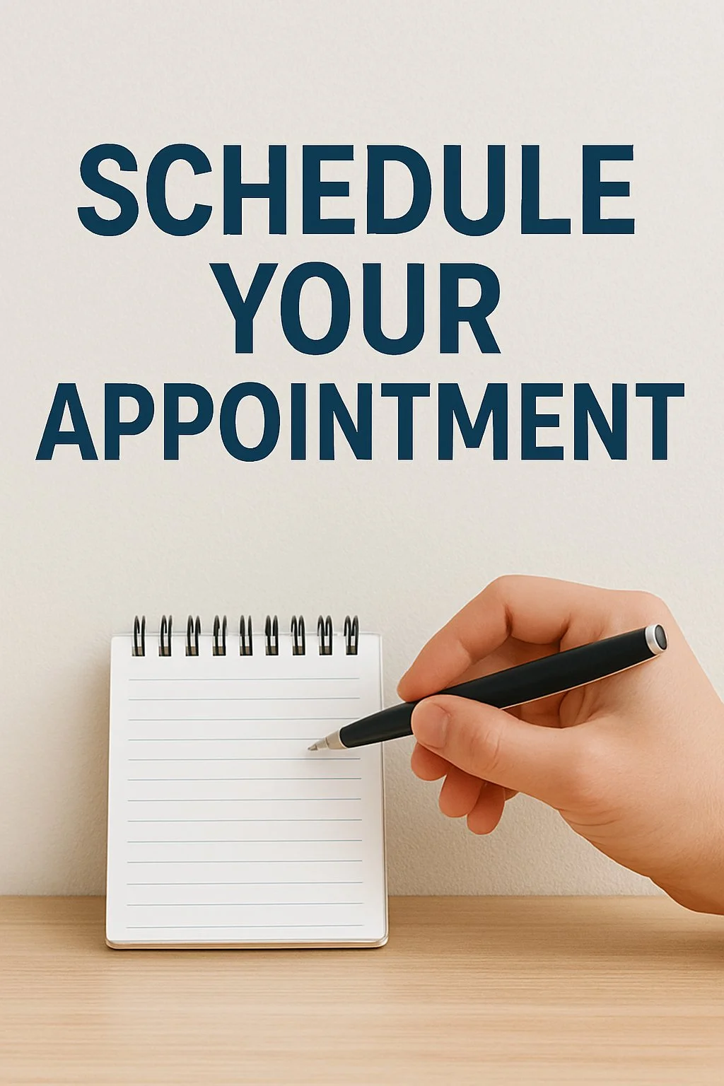 A person holding a pen and writing on a small notepad on a wooden surface, with a wall in the background that has the text 'SCHEDULE YOUR APPOINTMENT' in large, bold letters.