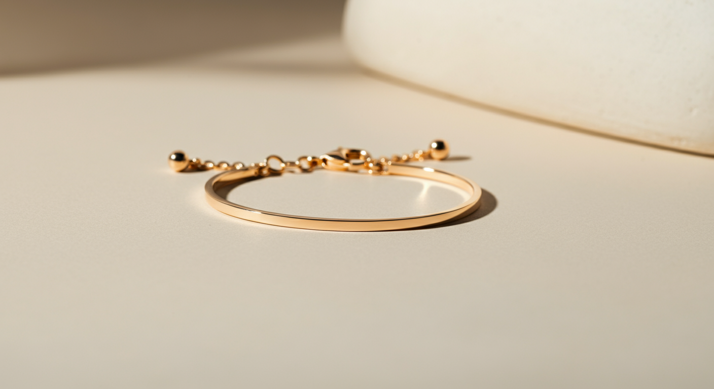 A gold bracelet with small beads on a light-colored surface.