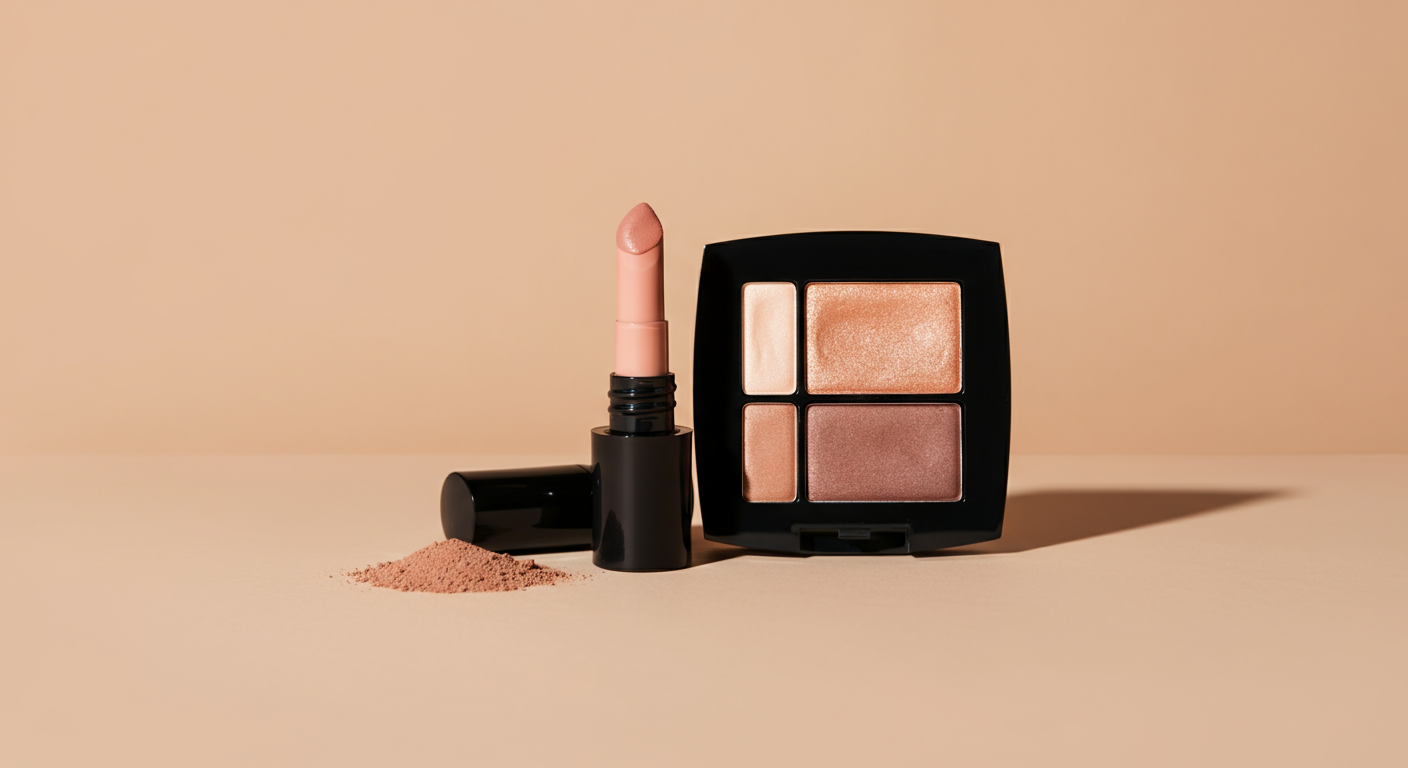 Makeup products including a lipstick, eyeshadow palette, and a pile of powder on a plain beige background.