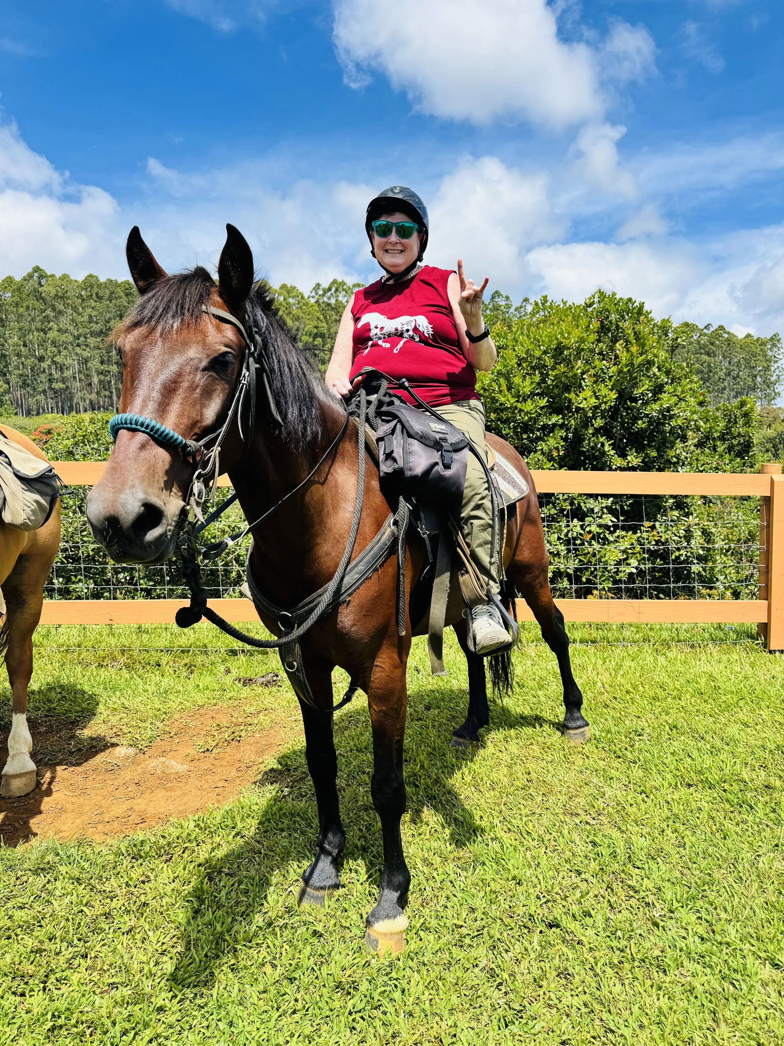 A woman wearing a red shirt, helmet, and sunglasses sits on a brown horse in a green field with trees and a blue sky in the background. She is smiling and making a peace sign with her hand.