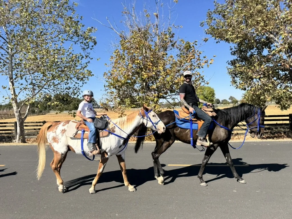 Two people riding horses on a paved road, one child and one adult, with trees and a fence in the background.