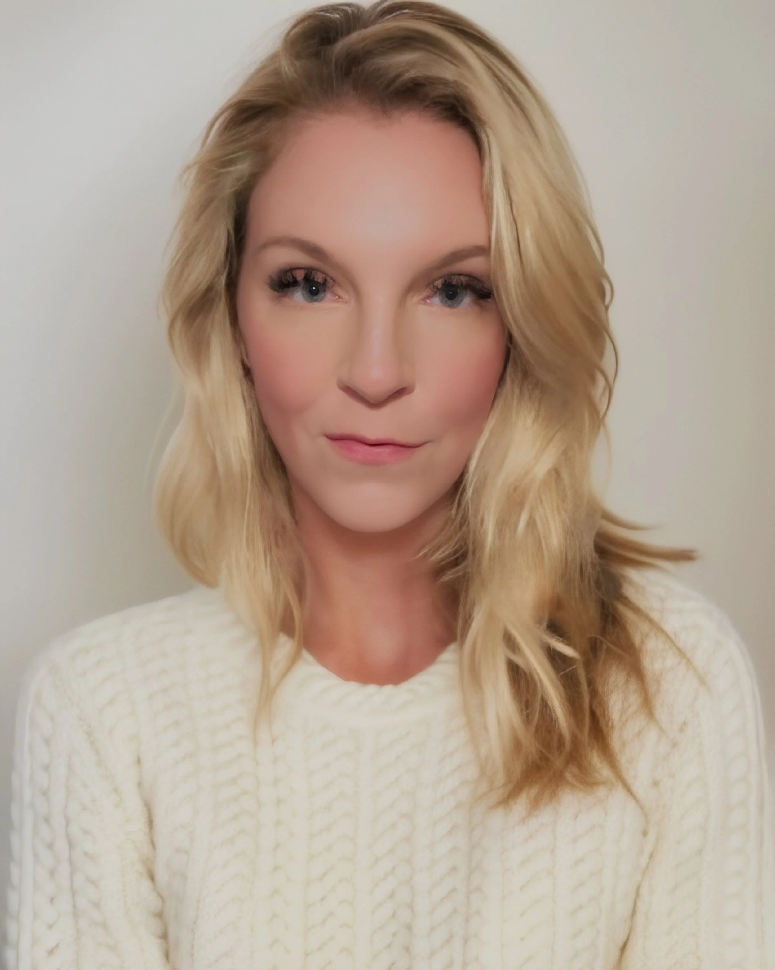 A woman with blonde hair wavy hair styled in loose waves, wearing a white knitted sweater, standing against a plain white background.