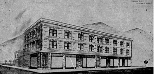 Black and white sketch of a three-story brick building with shopfronts on the ground level, set against a mountain landscape.