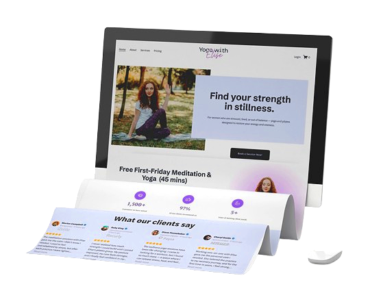 Computer monitor displaying a yoga website with a woman practicing yoga outdoors, and printed testimonials below the screen.