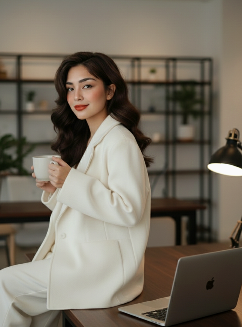 A young woman with dark wavy hair and makeup, wearing a white blazer, sitting on a desk in a modern office, holding a coffee mug, with a laptop nearby, and a background of a metal shelving unit with plants and decor.
