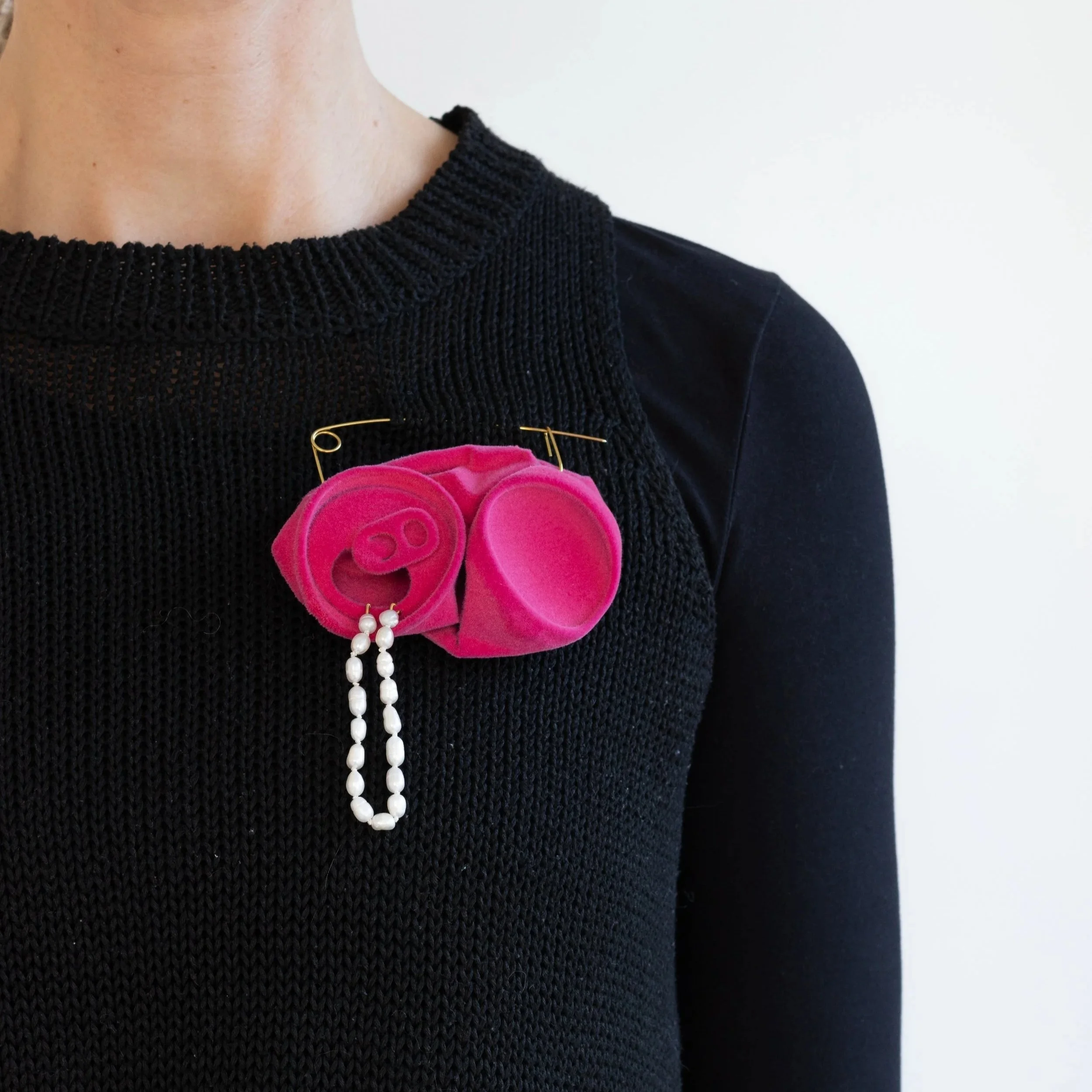 Positioning Yourself with Pearls in Pink Brooch, 2024, Found aluminium can, nylon flock, brass, freshwater pearls, silk ,sold