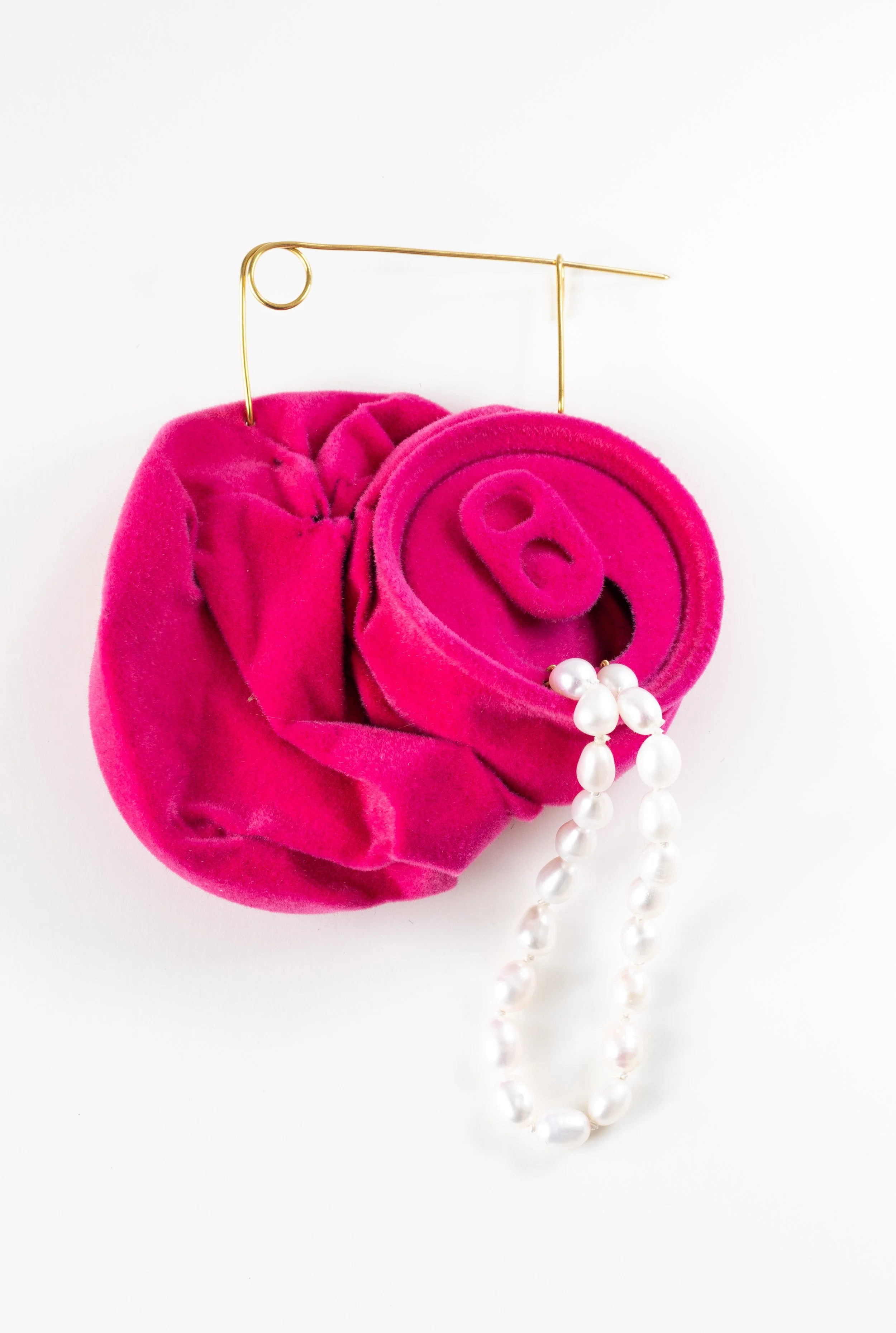 Perfection, 2024, found aluminium can, nylon flock, brass, freshwater pearls, silk,sold