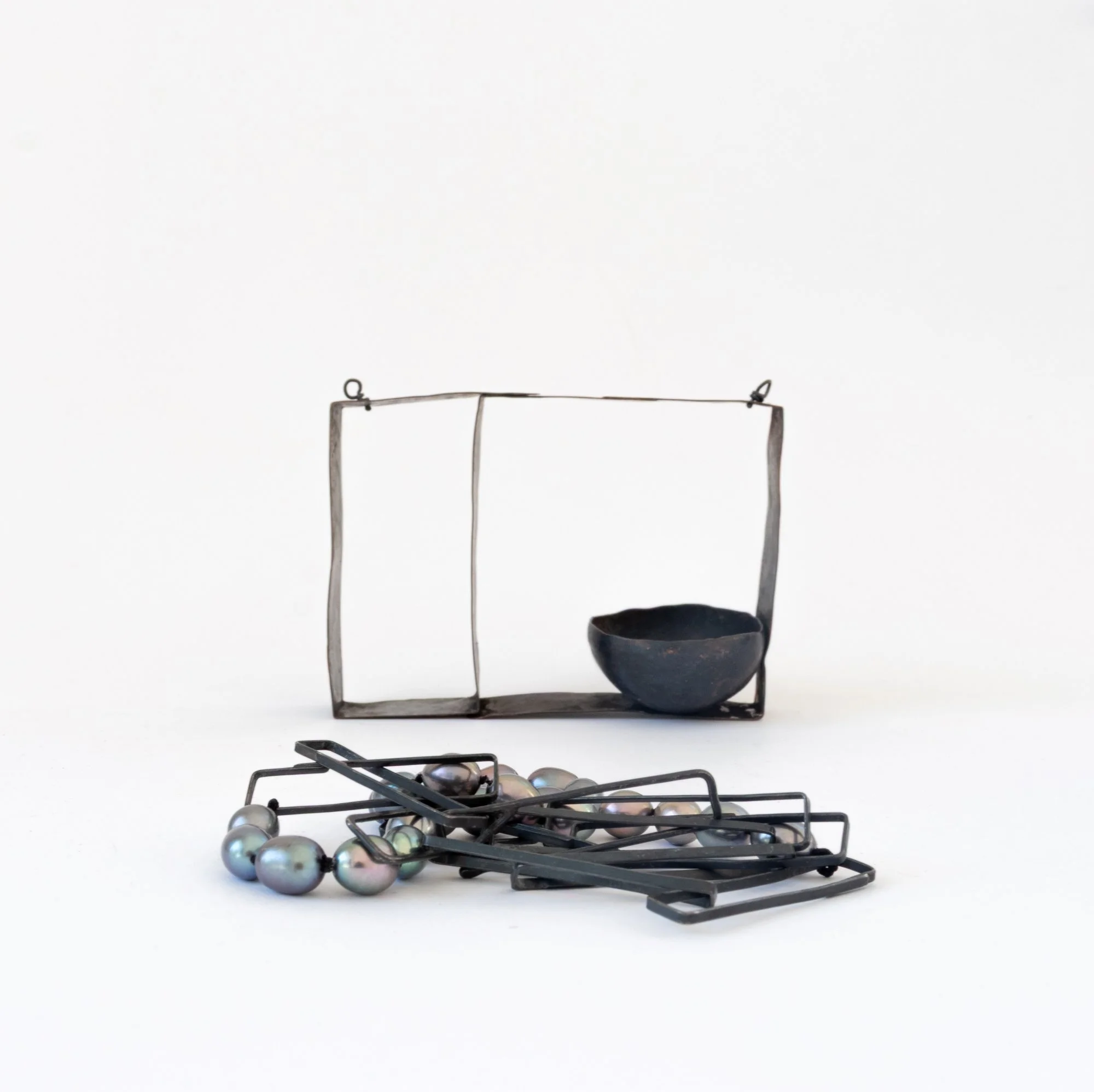 The Window, Oxidised copper, oxidised Sterling silver, freshwater pearls, silk. 