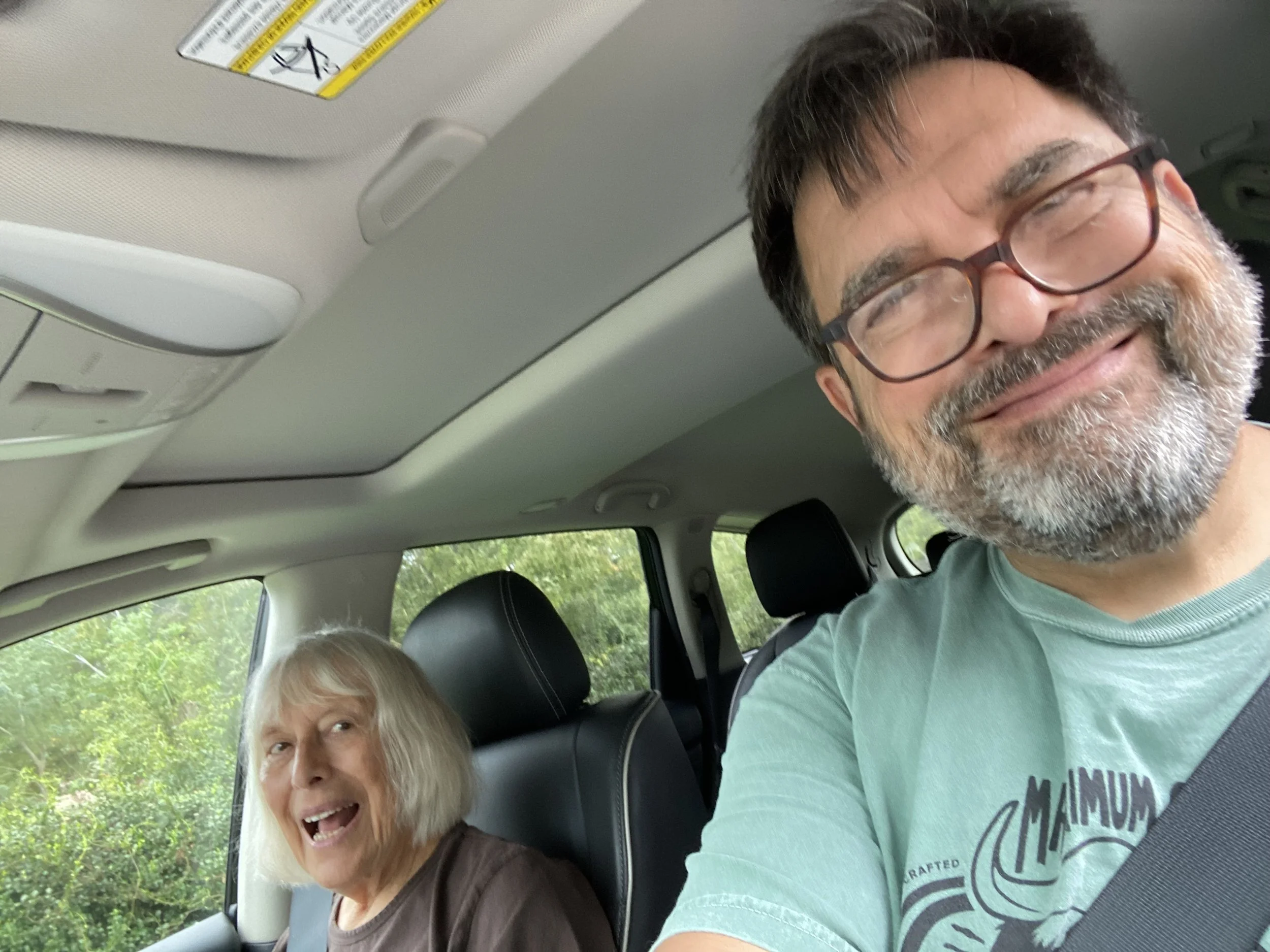 An image of Jeff Levy driving in the car with his Aunt Fran to get out the vote for Joe Biden in the 2020 election in Florida.