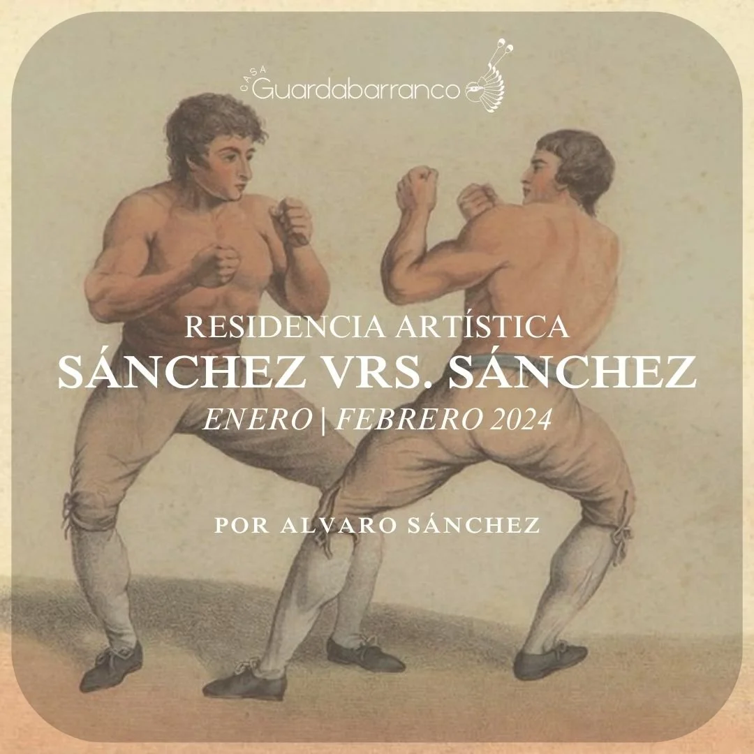 Cartel con ilustración de dos niños luchando, con texto promocional de residencia artística en febrero de 2024, realizado por Alvaro Sánchez.