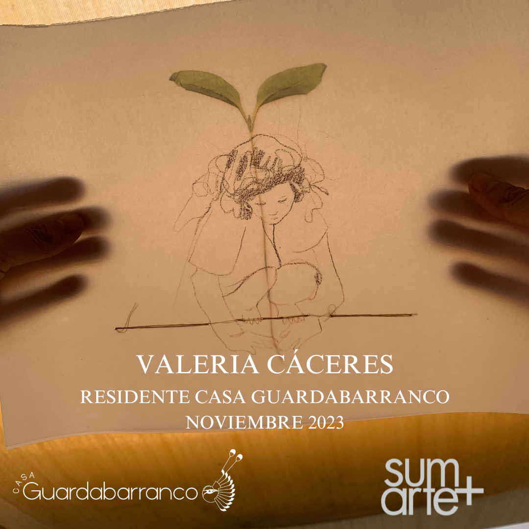 Una ilustración de una mujer con cabello rizado y una hoja verde en la cabeza, dibujada en línea. El fondo es claro y tiene texto en español que dice: "Valeria Cáceres, Residenta Casa Guardabaranco, Noviembre 2023". También hay logotipos en la parte inferior que dicen 'Casa Guardabaranco' y 'sum arte+'.