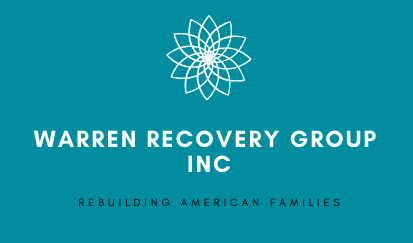 Logo of Warren Recovery Group Inc featuring a geometric floral design and slogan "Rebuilding American Families" on a teal background.